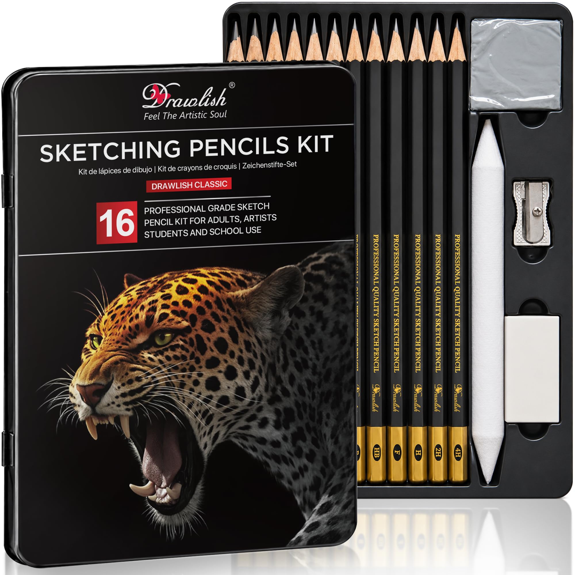 Drawlish Drawing Pencils for Artists, 16-Piece Set (4H-10B), Metal Case