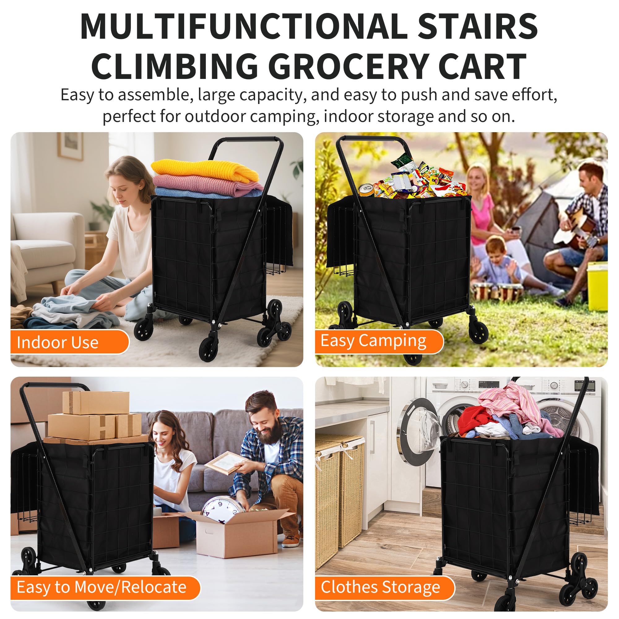 Carrello della spesa, carrello della spesa per salire le scale rivestimento impermeabile e ruote girevoli a 360°, carrello della spesa pieghevole portatile lavanderia, bagagli, campeggio