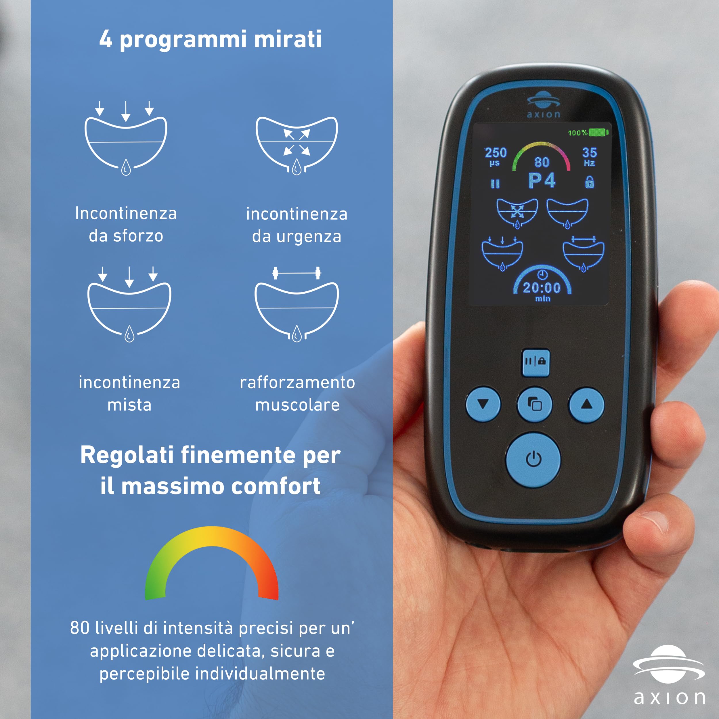 Stimolatore del pavimento pelvico axion® I-3000 per uomini | Dispositivo EMS con sonda per incontinenza e controllo della vescica | 4 programmi, 80 intensità, USB-C – Medico certificato