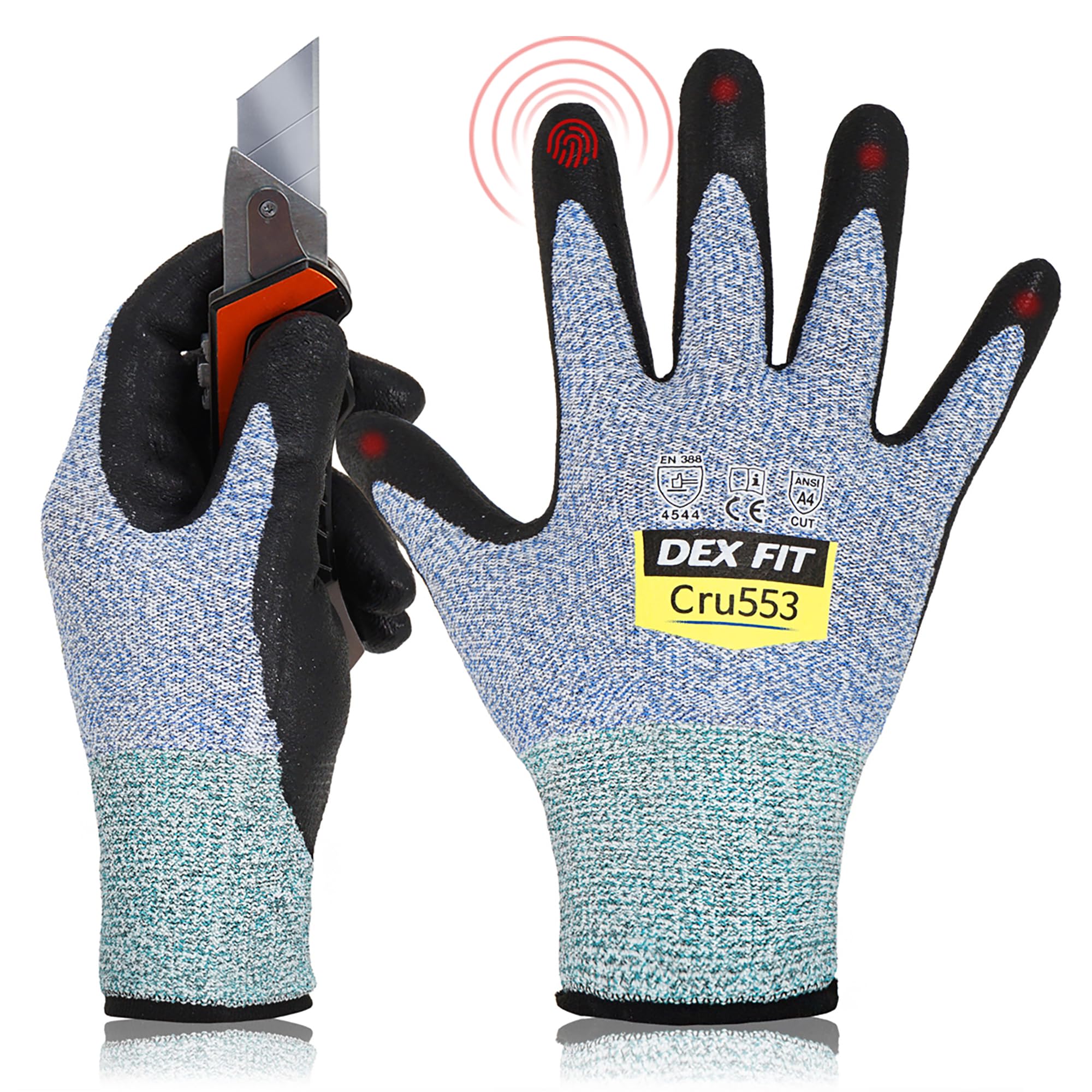 DEX FITLevel 5 Cut Resistant Gloves Cru553, 3D Comfort Stretch Fit, Power Grip, Durable Foam Nitrile, Smart Touch, Machine Washable, Thin & Lightweight, Blue 8 (M) 1 Pair