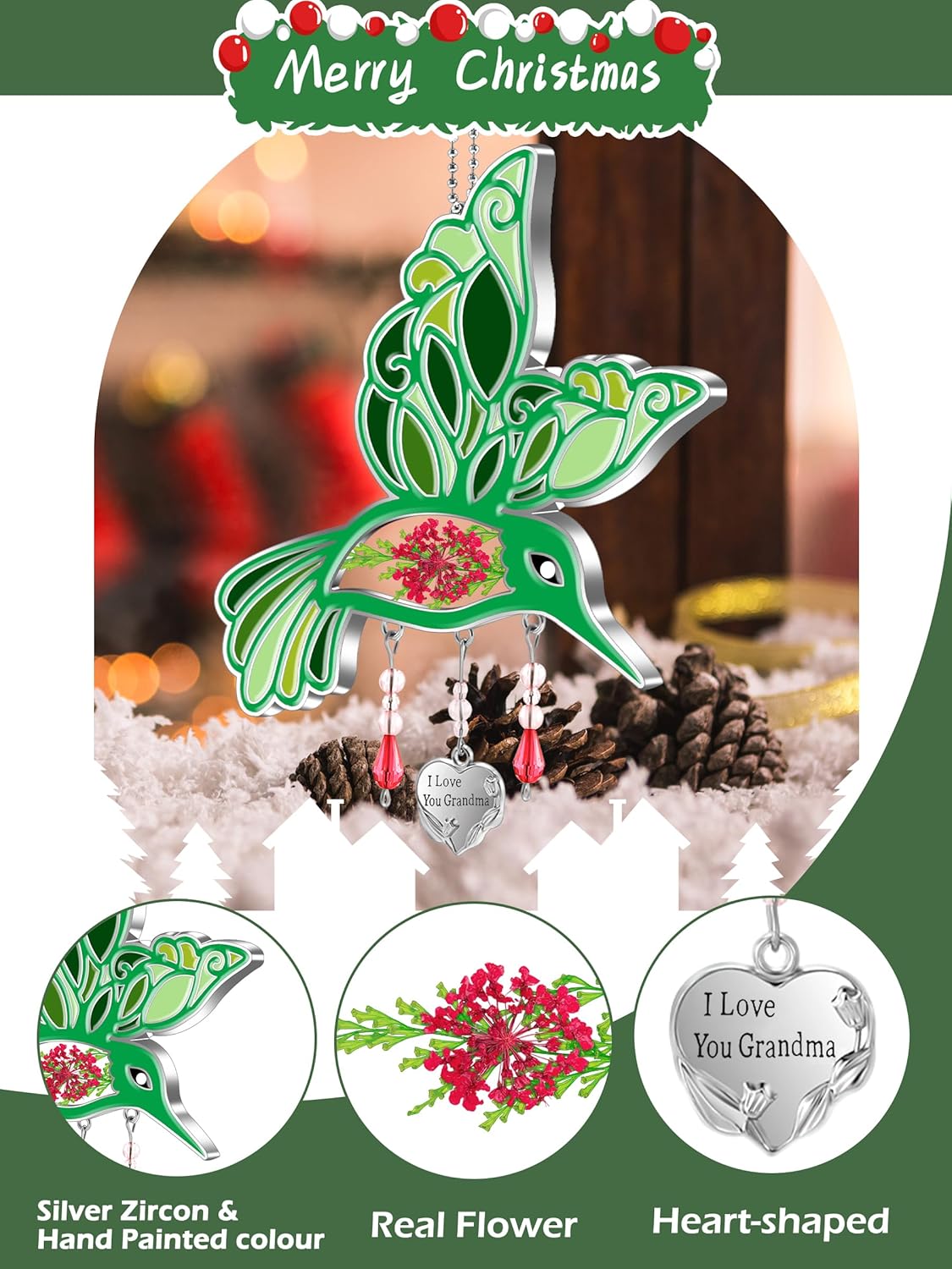 KY&BOSAM I Love You Grandma Hummingbird Suncatcher Glass Sun Catcher for Windows Hanging Ornament Wind Chime Pressed Real Flower with Heart Charm Birthday Gifts for Grandma Mothers Day Christmas Decor