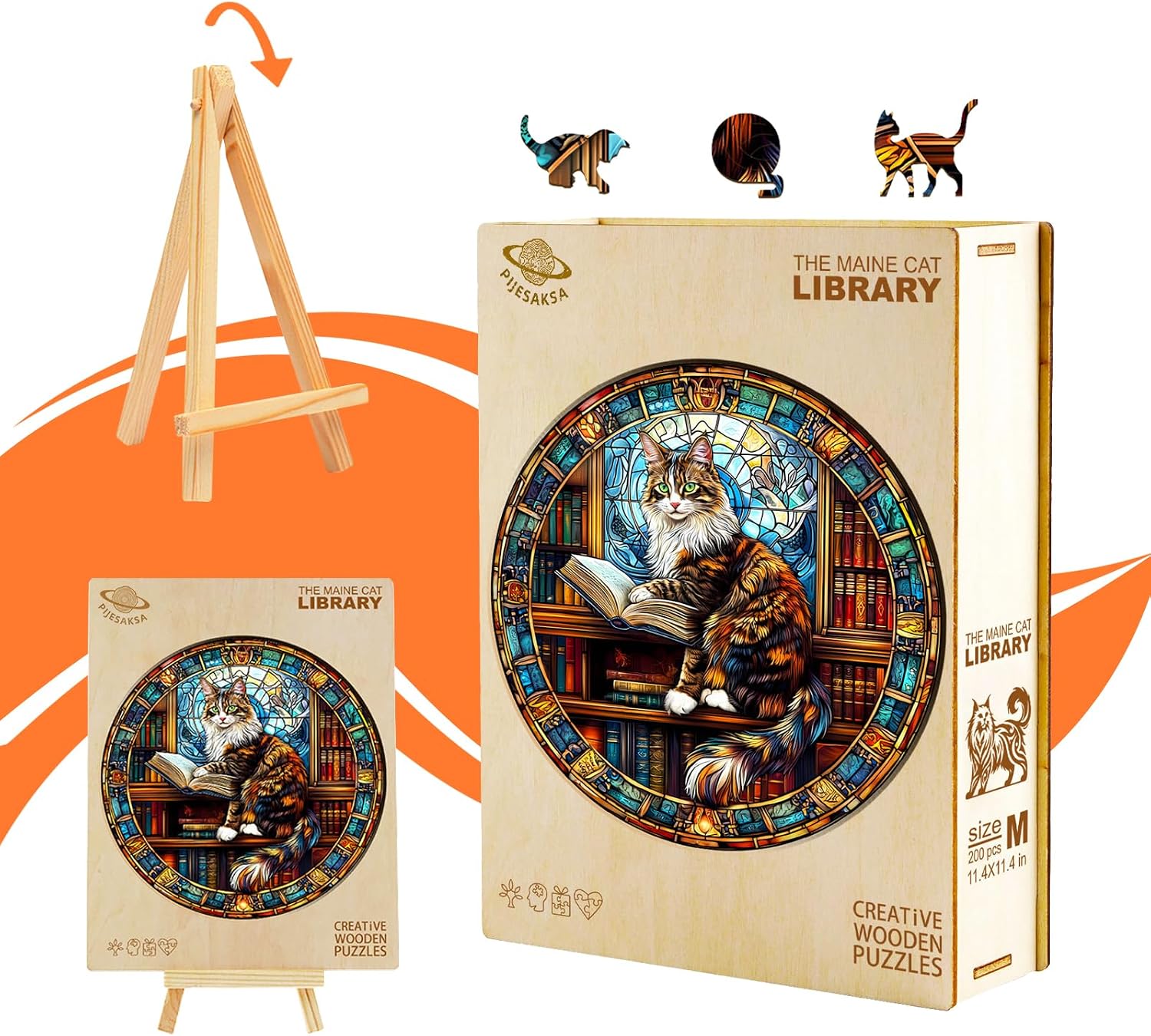Wooden Puzzles for Adults - Maine Cat Library Wooden Jigsaw Puzzles for Adults, Unique Animal Shape Puzzle, Good Gifts for Friends and Family, Wall Art Home Decor (M-11.4 * 11.4 in -200 Pieces)