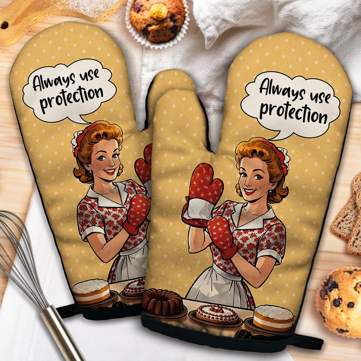 ZHANTUONE Always Use Protection - Juego de 2 guantes de horno resistentes al calor con silicona antideslizante, accesorios de cocina retro para ama de casa, regalos para amantes de los pasteles, mamá