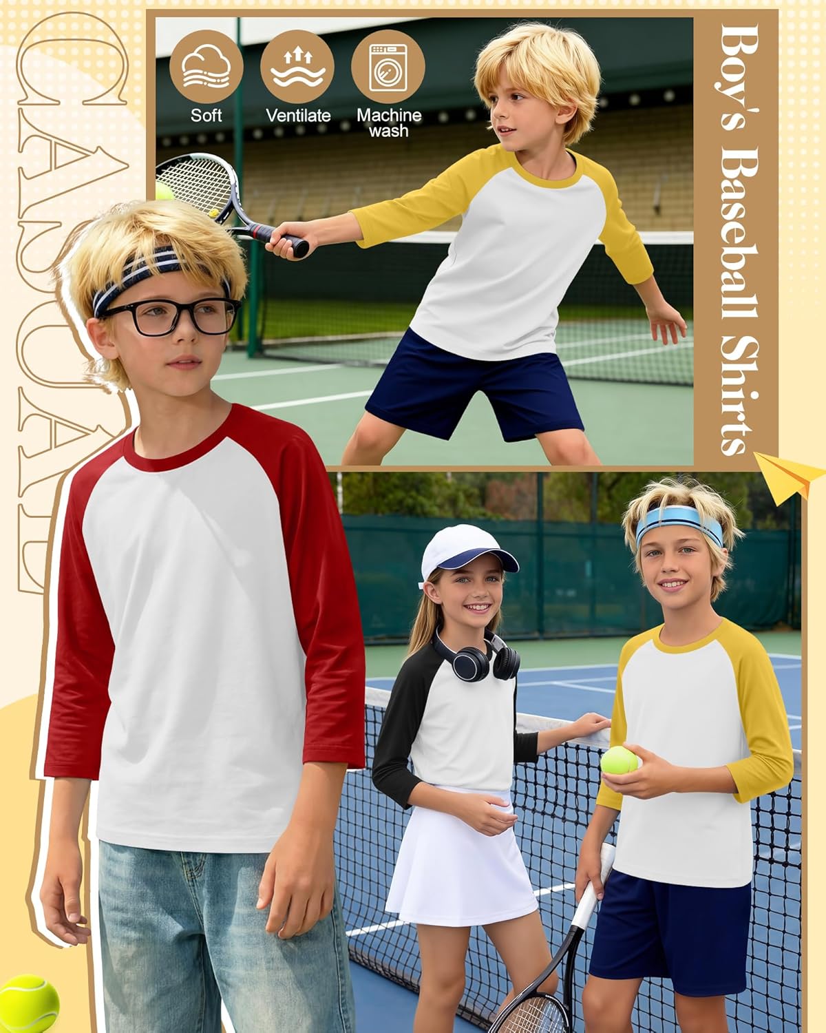 3 Pack Boy's Baseball Shirts 3/4 Sleeve Raglan Crew Neck Tops Athletic Casual Jerseys 5-14 Old