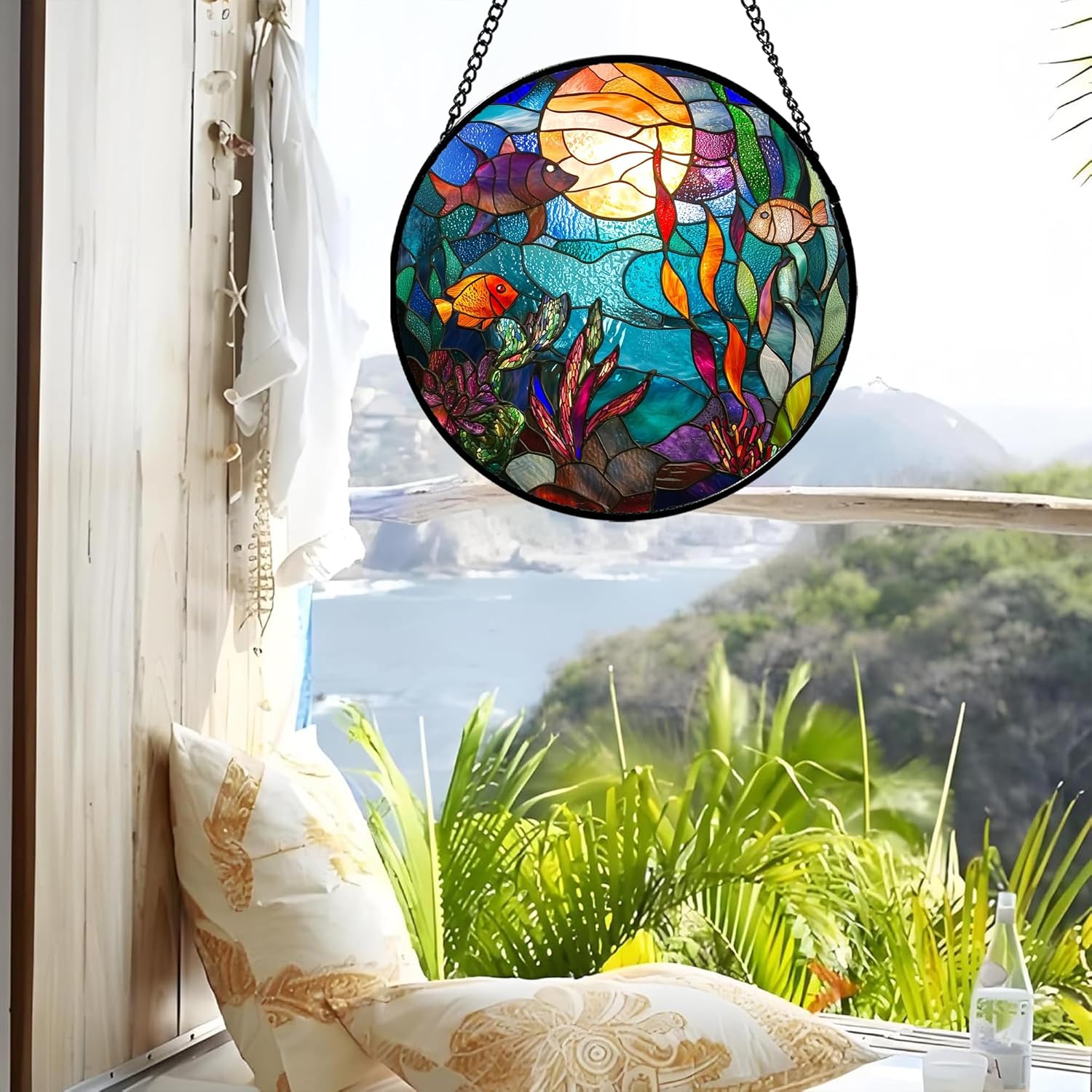 Stained Glass Window Hanging - Blue Ocean World Small Fish Coral Sun Catcher for Door Garden Home Decor Sea Suncatcher Christmas Mother's Day Birthday Gifts for Women Men Mom Nana 9.8 in