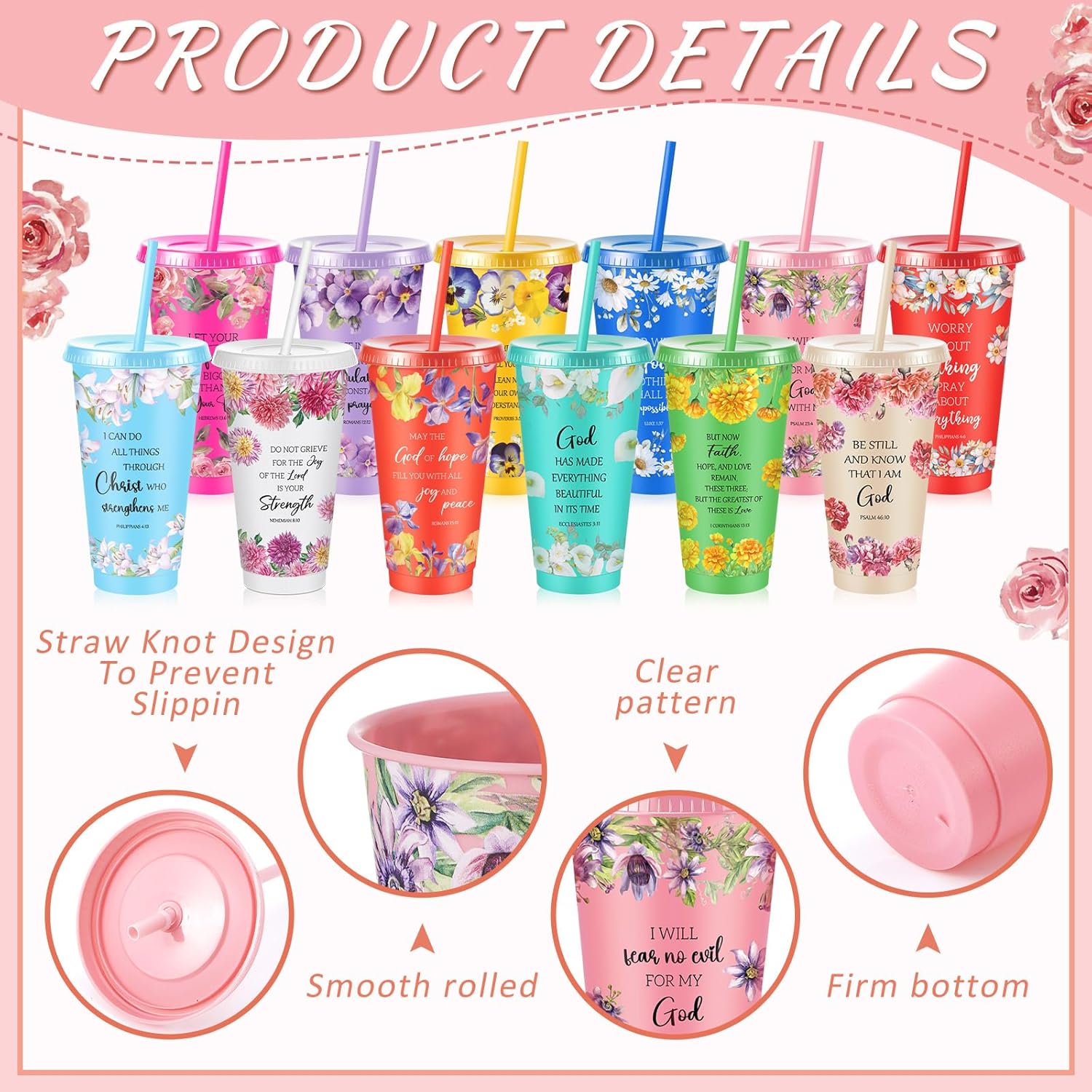 Bokon 24 Pcs Christian Cups Bulk Church Religious Gifts for Women Mom Mother Grandmother, Bible Verse Tumblers with Lid and Straw for Mother's Day Gifts (Floral Style) - Image 3