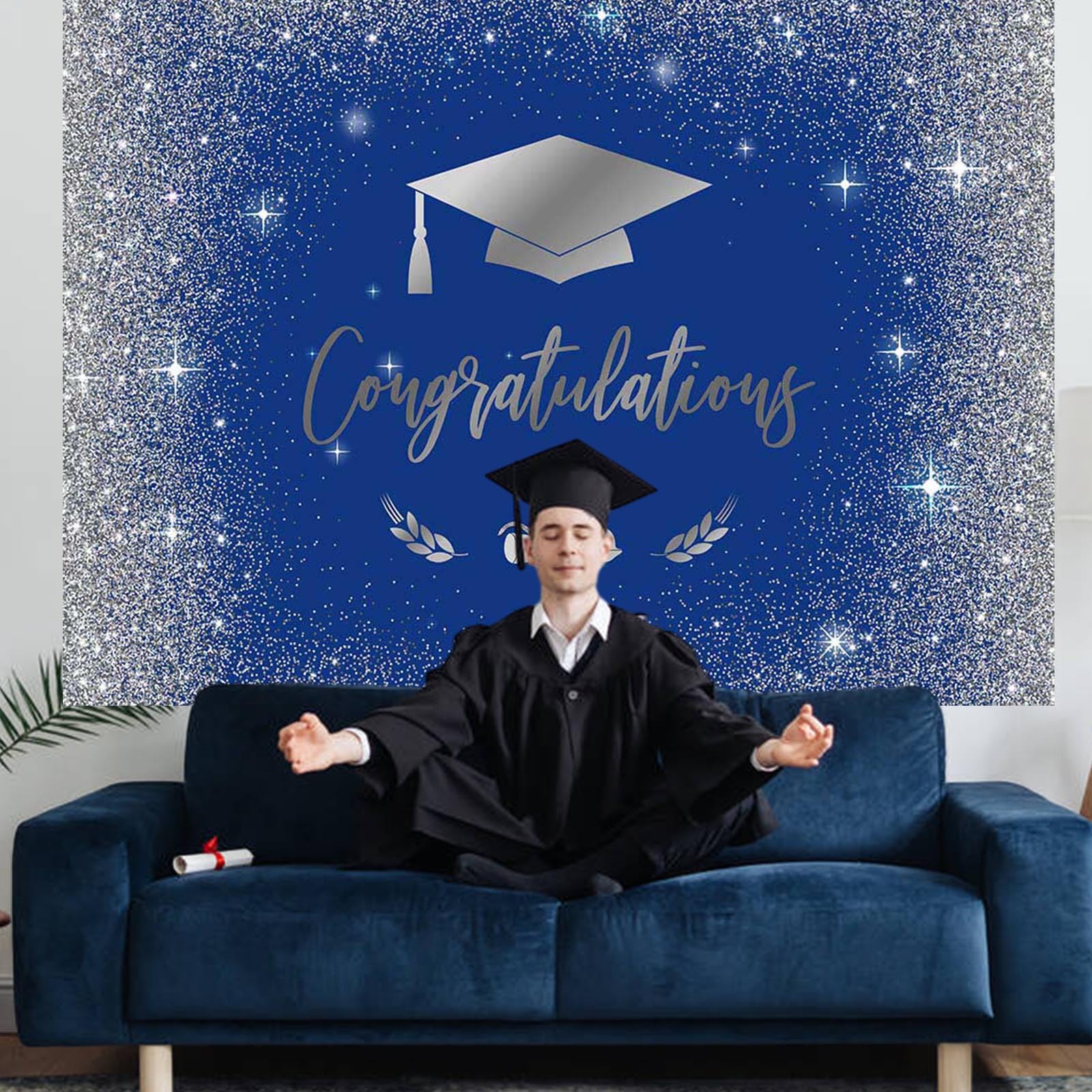 Mocsicka Class Of 2025 Backdrop Blue Silver Glitter Bokeh Graduation...