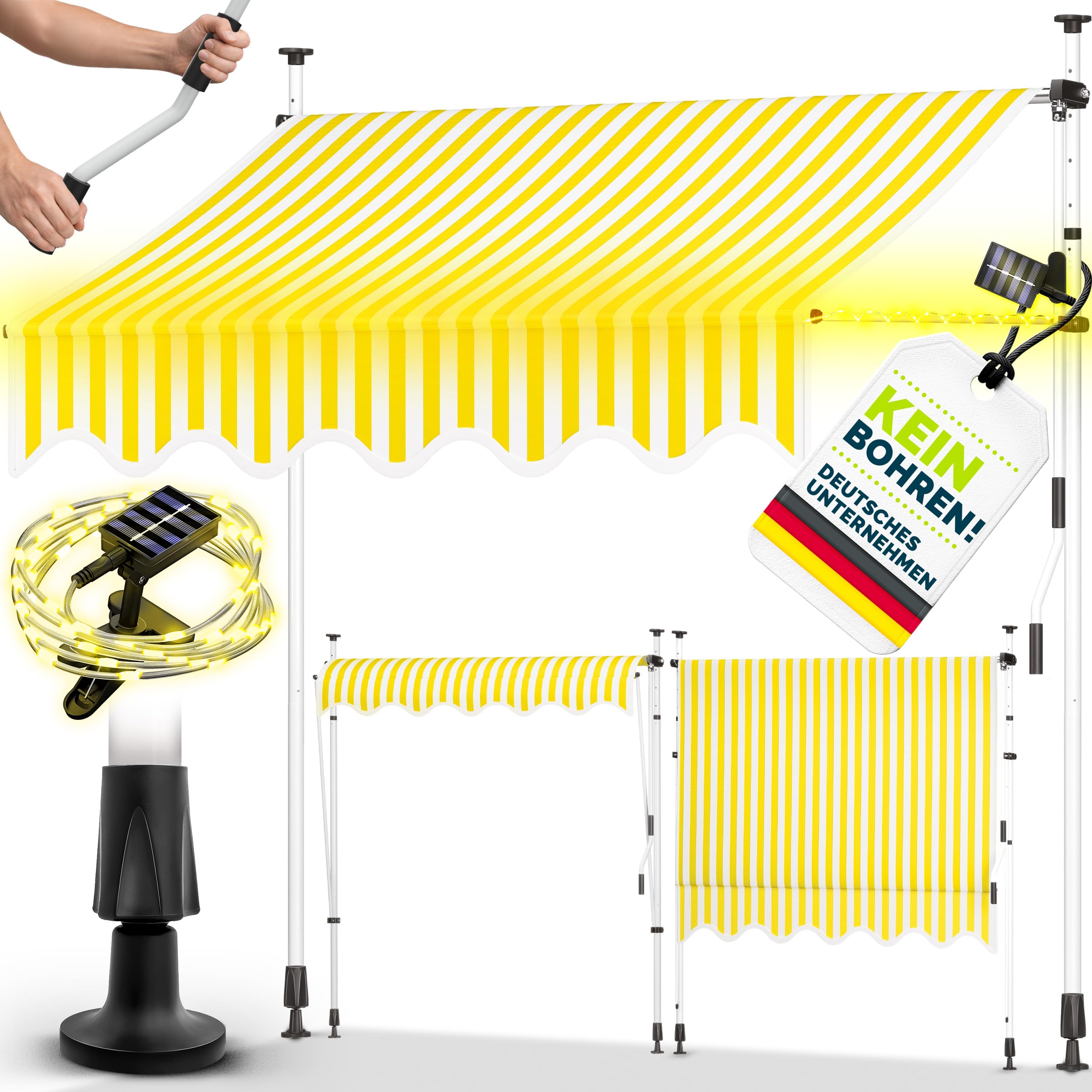 tillvex Klemmmarkise mit Handkurbel & LED Lichterkette Balkon | Balkonmarkise ohne Bohren | Markise UV-beständig & höhenverstellbar | Sonnenschutz Terrasse & Garten wasserdicht (Gelb-Weiß, 400cm)