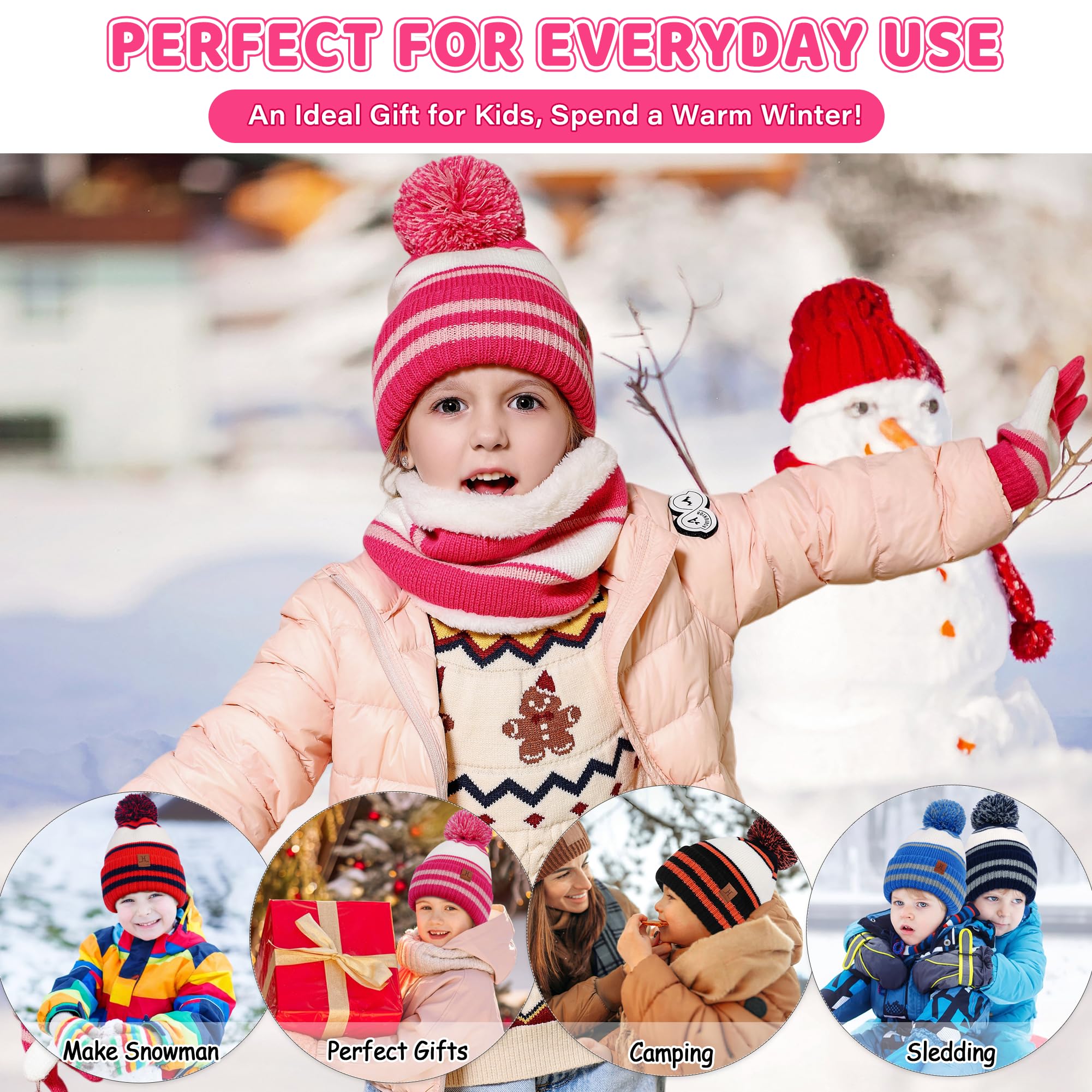 Bequemer Laden Ensemble Bonnet Gants Écharpe Infinity pour Enfants - Bonnet Chaud Écharpe Col Roulé avec Fleece Épais pour Garçons Filles 2-7 Ans Cadeau Bébé