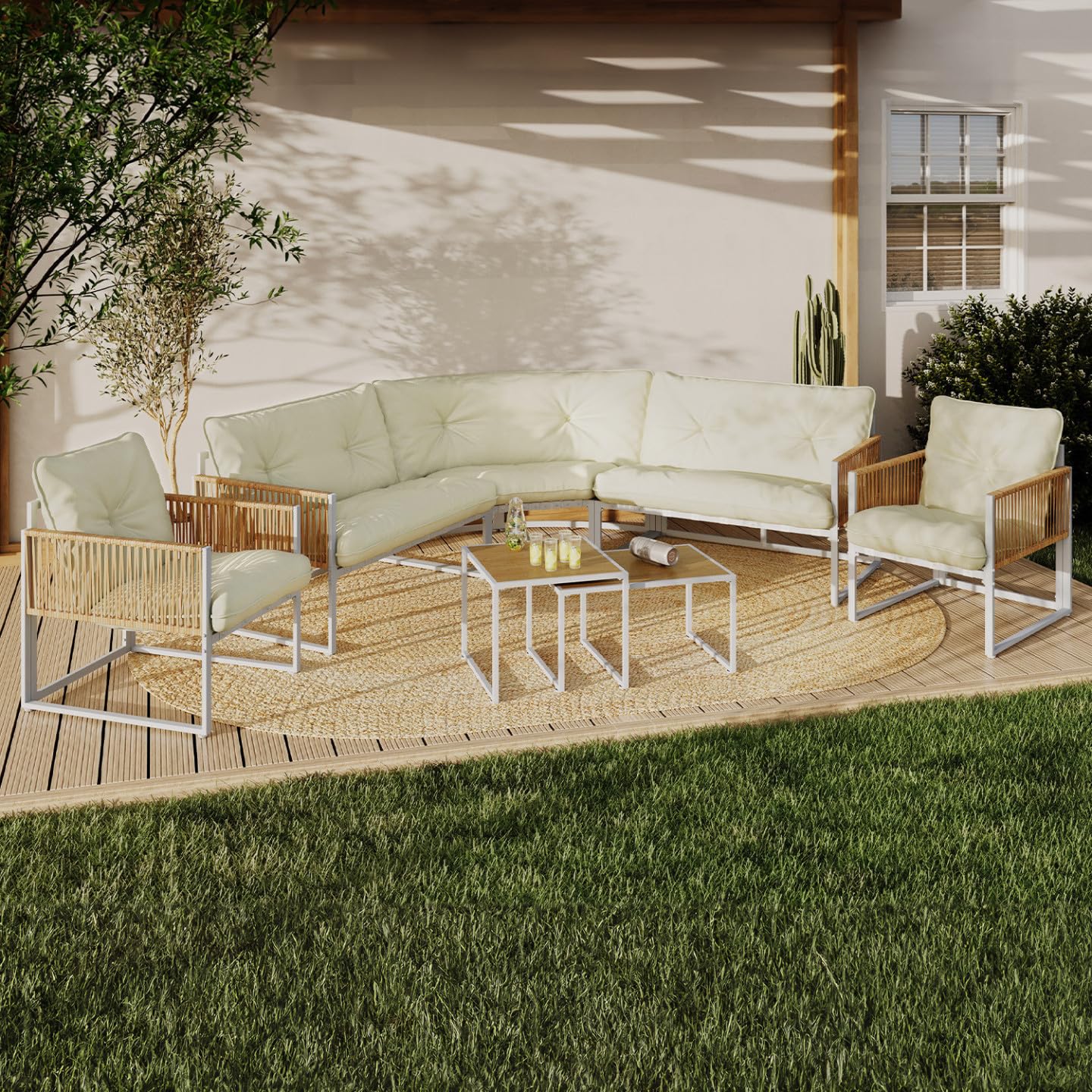 IDMarket - Juego de muebles de jardín bajo Rio de 8 plazas, estructura de metal blanco y cuerda efecto ratán con cojines beige