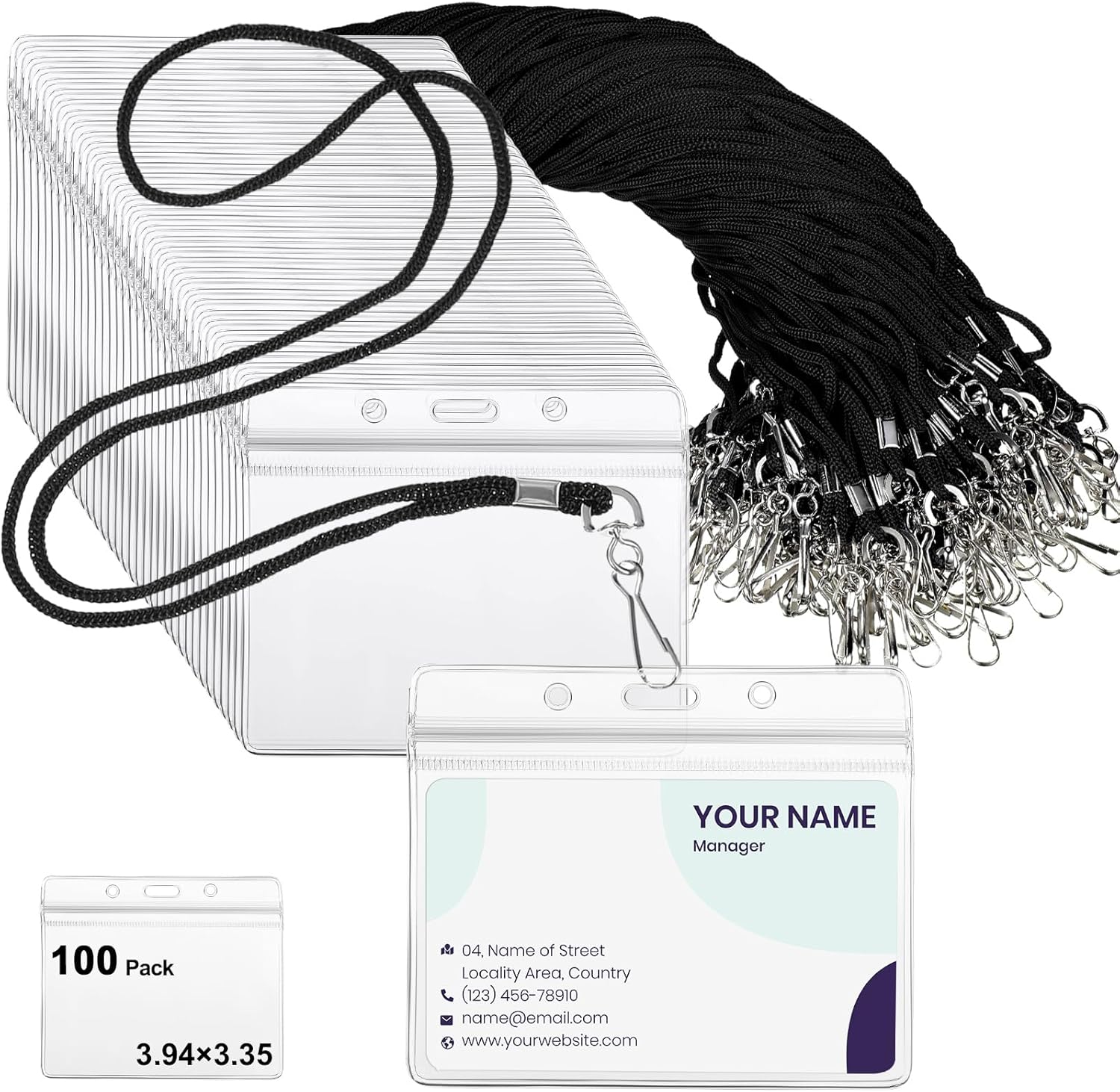 Marspark 100 Sets Lanyards with ID Badges Bulk, Clear Plastic Horizontal Name Tags Badge ID Card Holders, Flat Neck Lanyards with Swivel Hook for Adults Staff Teacher School Office Supplies(Black)