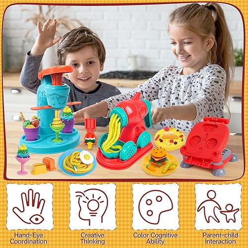 Miniatura 7 de Juego de masa de color 3 en 1 para niños de 3 a 8 años, kit de accesorios de herramientas de masa, juego de helado para hacer hamburguesas de