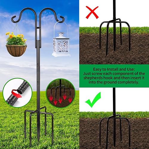 Miniatura 4 de oathx Gancho de pastor alto para exteriores, paquete de 2 postes de comedero de pájaros de 92 pulgadas para exteriores con 5 puntas de base, ganchos