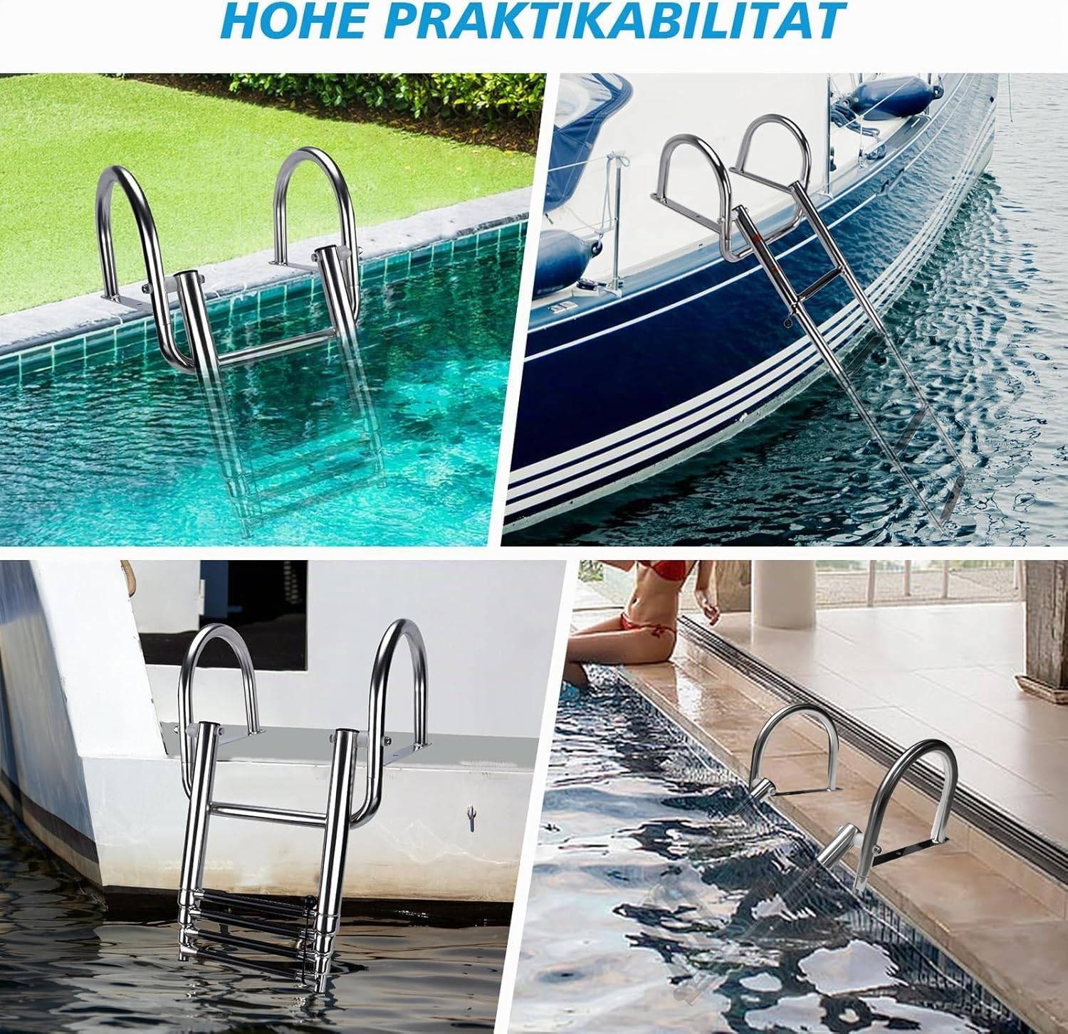 Escalera de baño de 4 peldaños, plegable, para barcos y piscinas, de acero inoxidable, telescópica, con asas y pedal ancho para marina