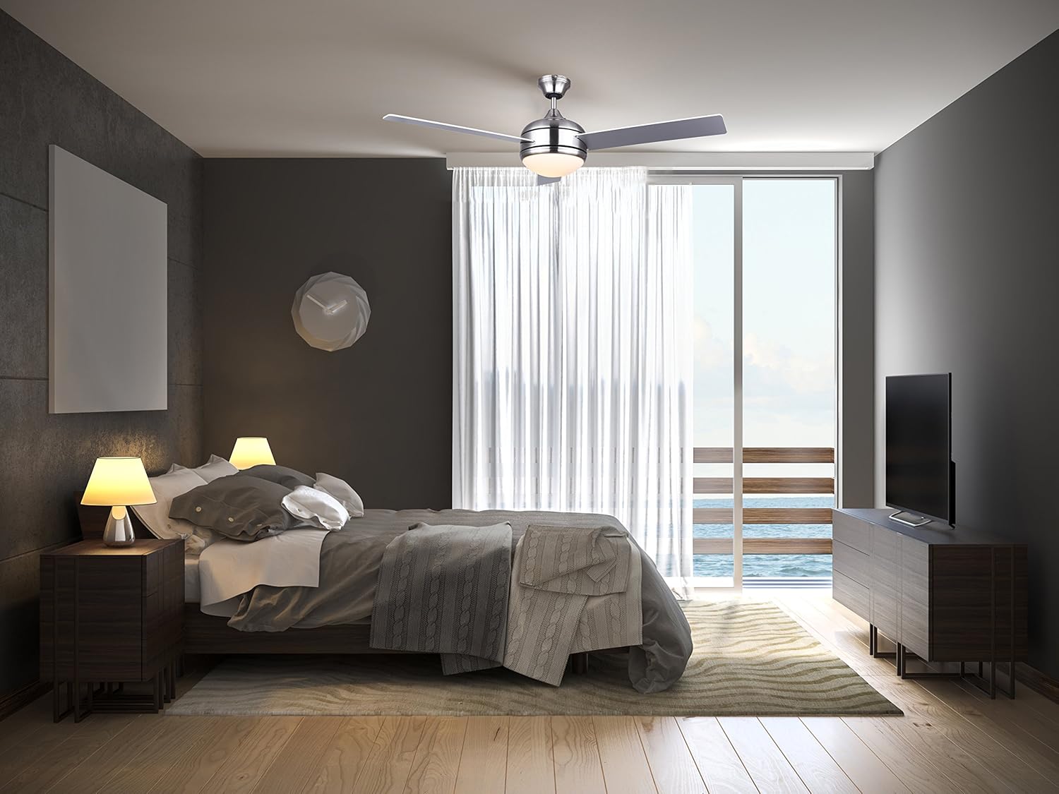 Canarm LTD Calibre BPT 48 Frosted Glass 1 Bulb Light Kit, 48-Inch Ceiling Fan with 3 Blades, Grey/White Brushed Pewter