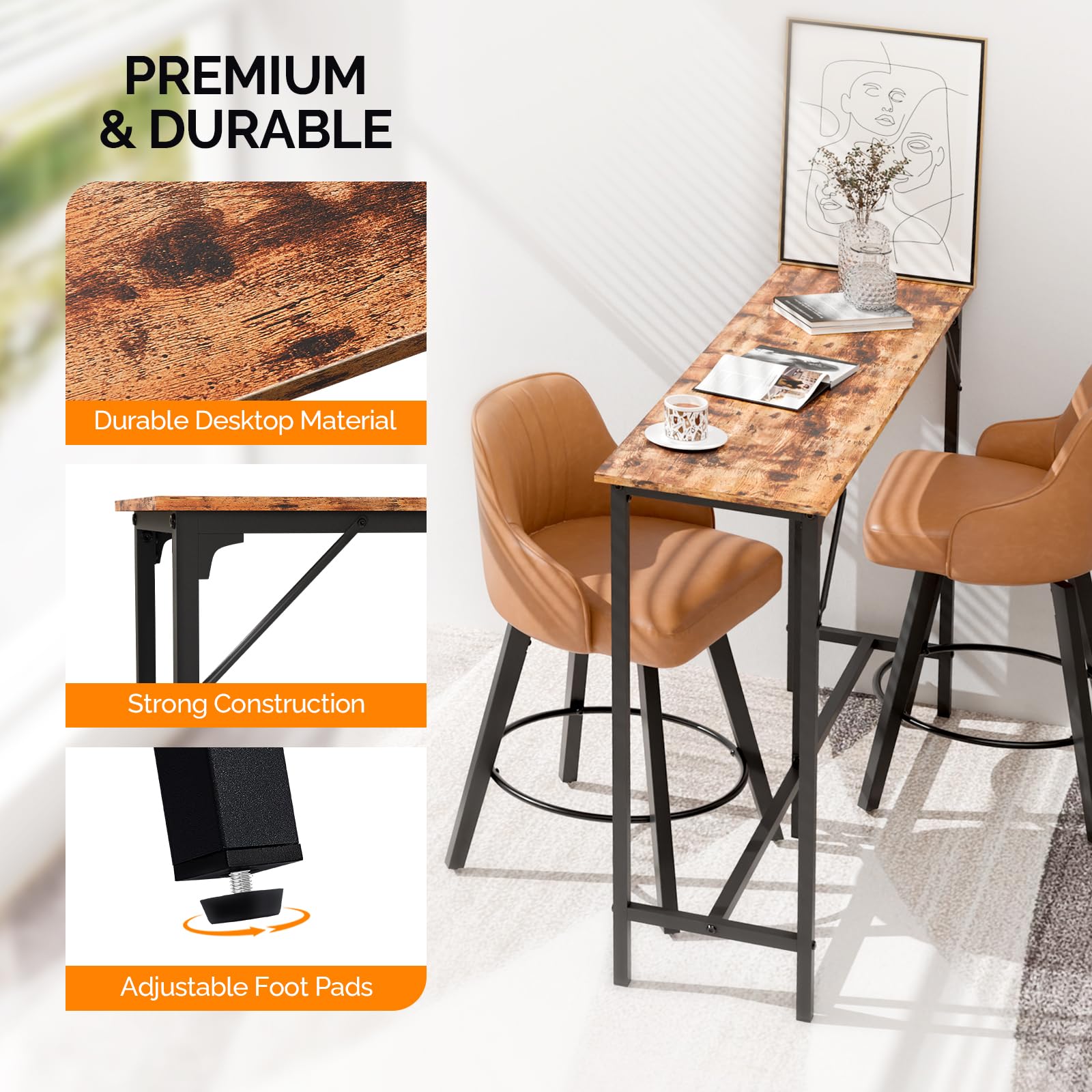 Bonnlo Tavolo da Bar Alto, Tavolo Salvaspazio Moderno con Piedini Regolabili, Tavolino Alto per Bar, Caffè, Ristorante e Appartamenti Piccoli, Marrone, 140x38x99cm