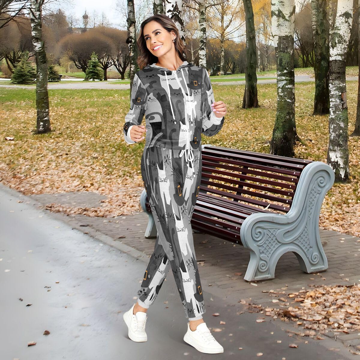 Conjunto deportivo de 2 piezas para mujer, conjunto deportivo de manga larga, diseño de gato, color negro