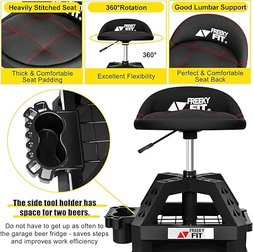 Miniatura 6 de FreekyFit Rolling Shop Taburete para garaje con ruedas, DO02 - Asiento giratorio de 360 de altura ajustable con almacenamiento de bandeja de