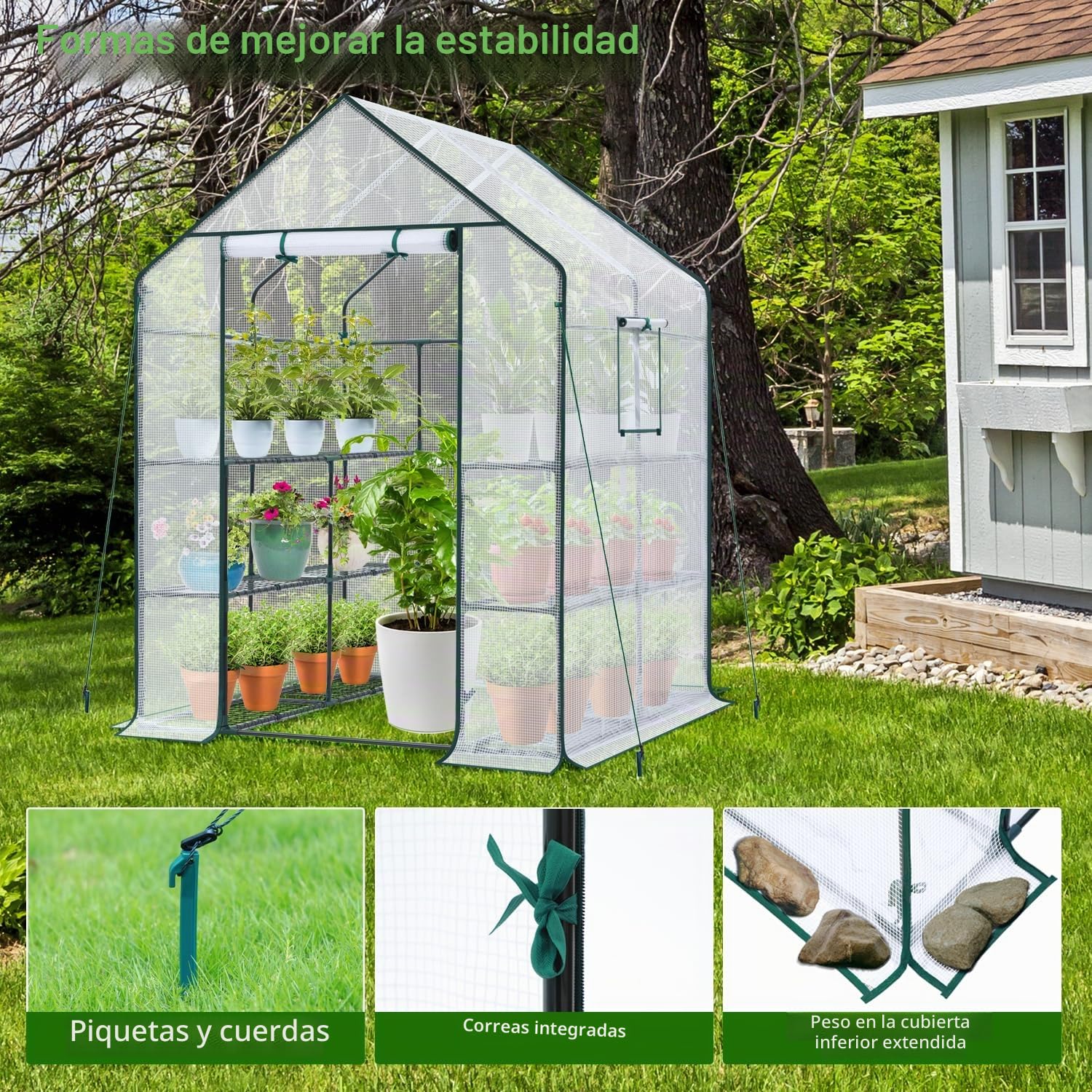 Ohuhu Invernadero de Jardín 145x145x195 cm Vivero Casero 3 Niveles 12 Estantes, Invernadero para Plantas con Puerta Enrollable y Ventanas, Ideal para Cultivo de Flores y Macetas, Blanco