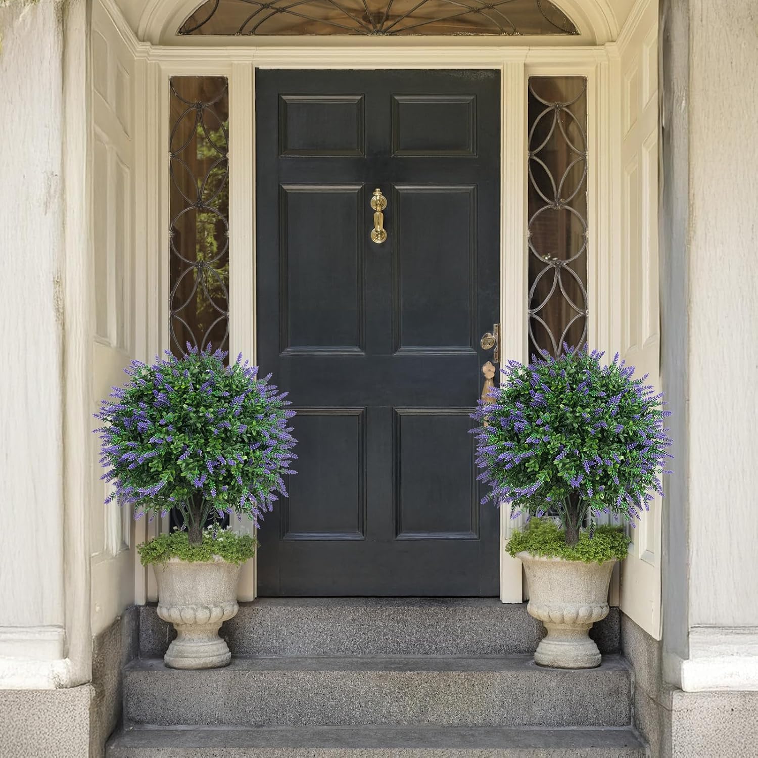 2 arbusti artificiali di bosso con picchetto, piante artificiali con lavanda, per interni ed esterni, giardino, cortile, veranda, terrazza