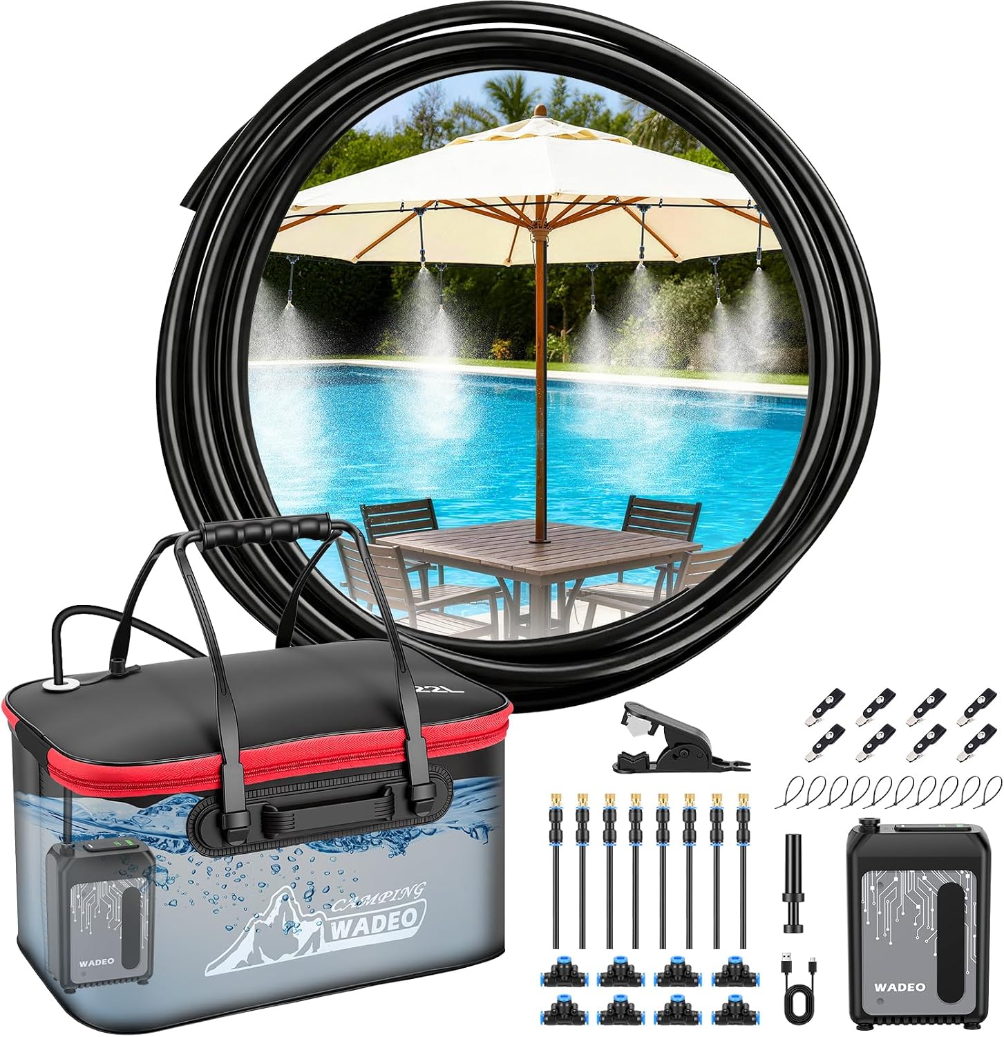 Portable Misting Systems for Patio, Outdoor Water Cooling Misting Kit with 6000mAh Water Pump IPX8, DIY Misters for Outside Garden, Greenhouse, Fan, Umbrella, Canopy, Pasture, Camping(22L Bucket)