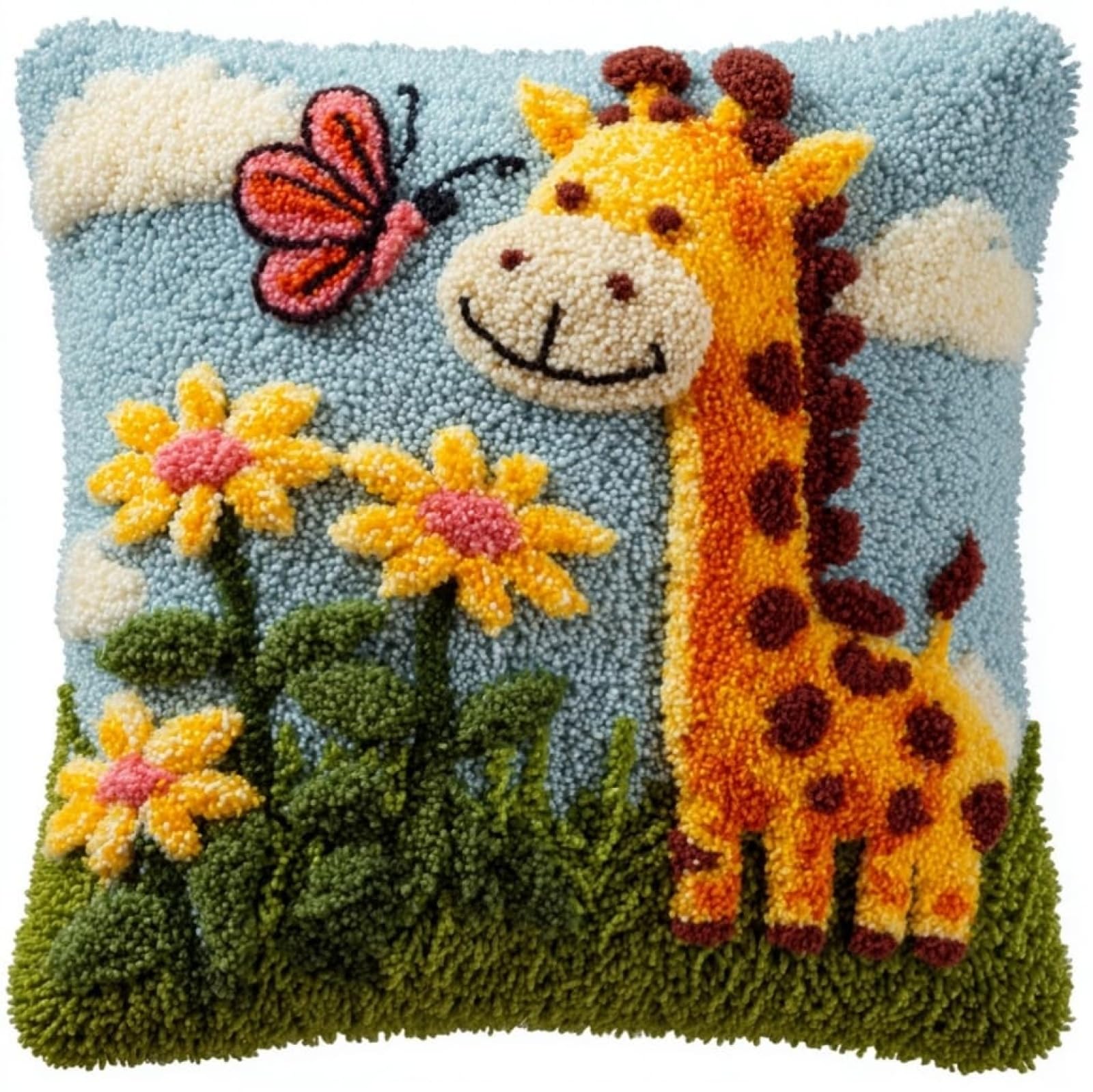 Axiangzik 003 Latch Hook Cushion Kit 43X43cm,Giraffe And Butterfly Beginner Friendly Needlecraft Set,Easy Latch Hook Kit For Home Decor