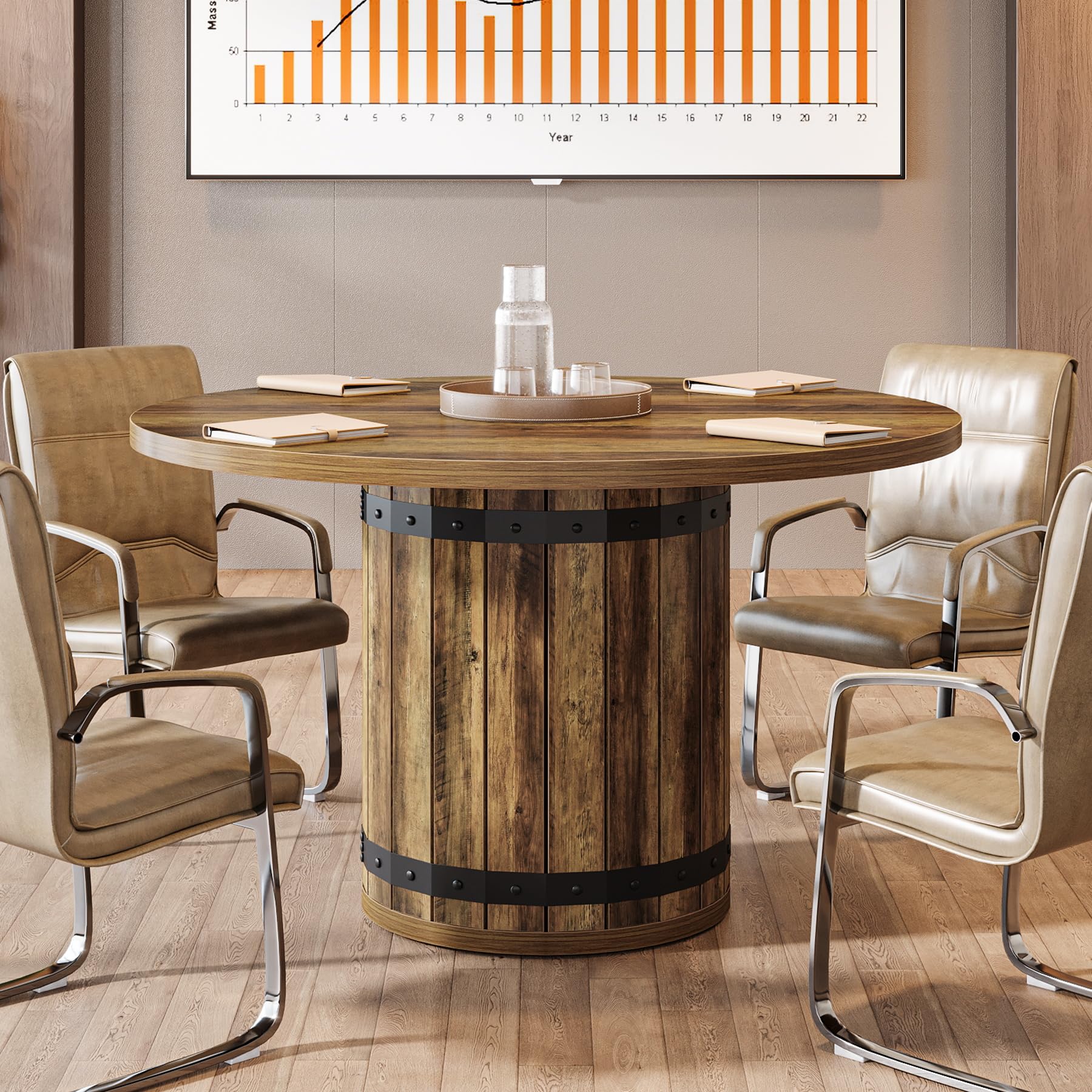 Tribesigns Runder Konferenztisch 100 cm für 2-4 Personen, Landhaus Besprechungstisch mit Zaun-Pedestal, Rustikales Braun, Seminar-Tisch rund, Besprechungsraum, Büro, ohne Stühle