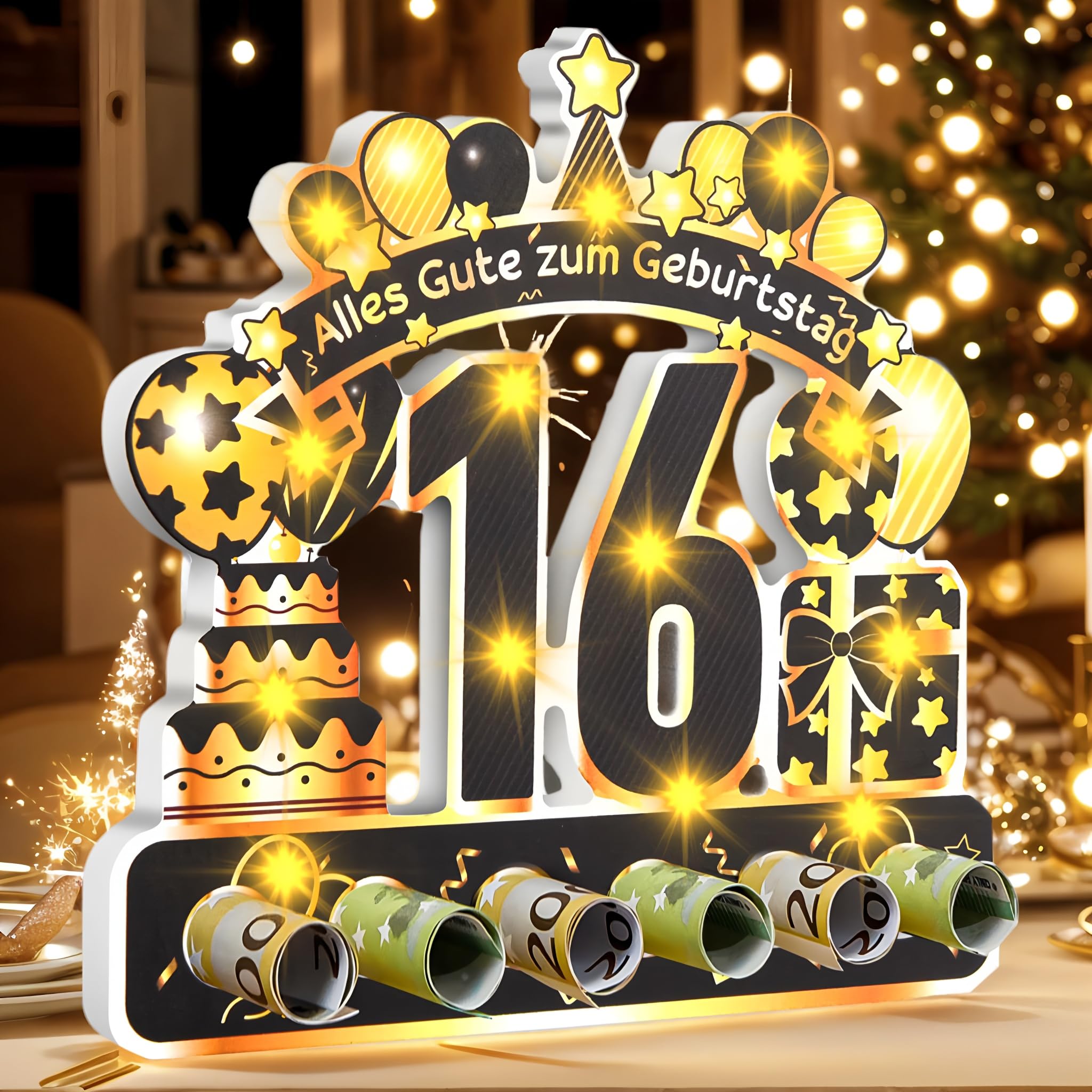 kiimiipa 16.Geburtstag Geldgeschenk Mädchen Junge mit LED Lichterkette,Geschenke zum 16 Geburtstag mädchen,16 Geburtstag deko Geldgeschenke,16 Jahre Geld Geschenk Tisch Party (16)