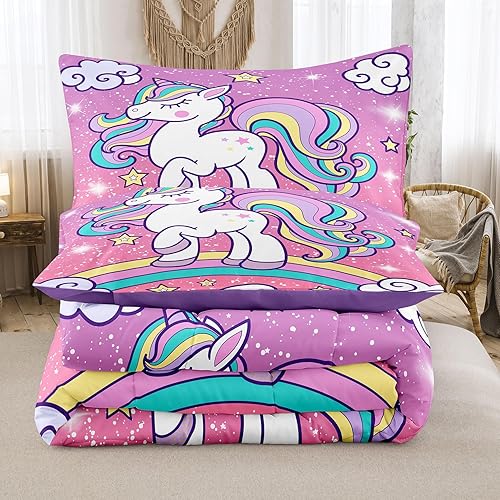 Miniatura 4 de Tailor Shop Juego de ropa de cama de unicornio para niñas y niños, juego de edredón de tamaño individual para niñas, juego de edredón de unicornio