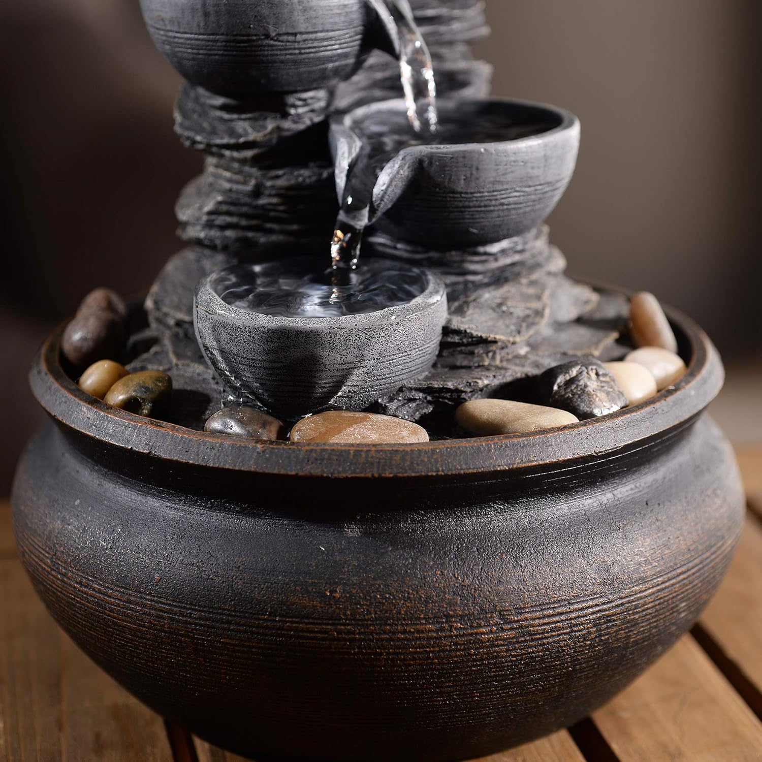 Peaktop PT-TF0001 Outdoor Feng Shui Water Décor Relaxation Desktop Indoor Tabletop Zen Waterfall Fountain with Led Lights and Pump for Bedroom Living Room Office, 6 inch Height, Stone Gray, 5.9": Home & Kitchen