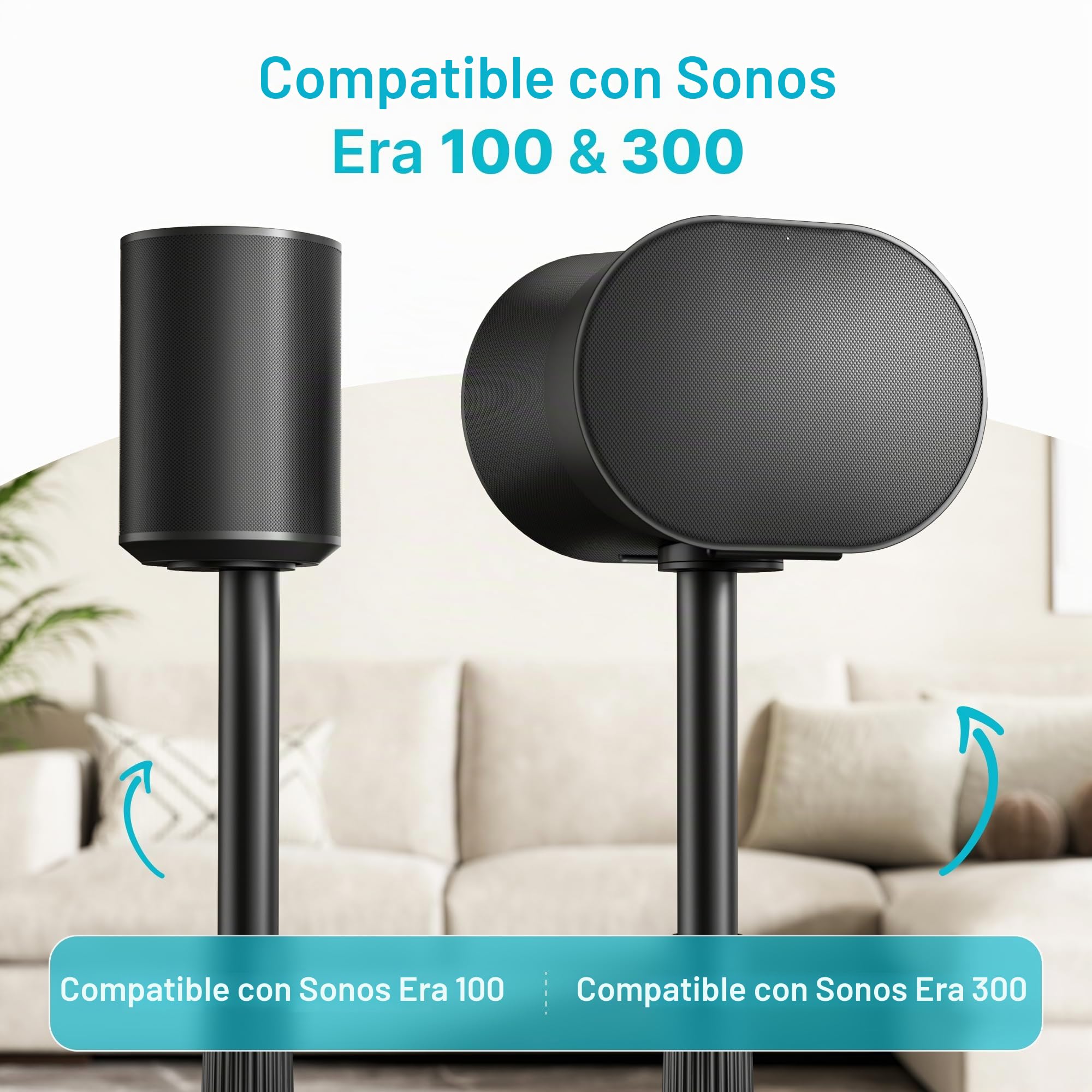 PEGZONE Soporte Altavoces para Sonos Era 100/300, 2 Unidades, Negro | Altura ajustable 68-106 cm, acero con gestión de cables, hasta 5 kg, base antideslizante Ø30 cm