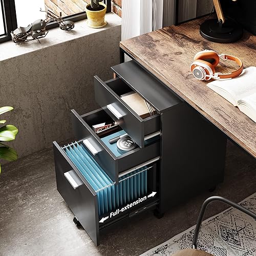 Miniatura 4 de DEVAISE Gabinete portátil de madera de 3 cajones Gabinete enrollable para tamaño cartaA4 color negro