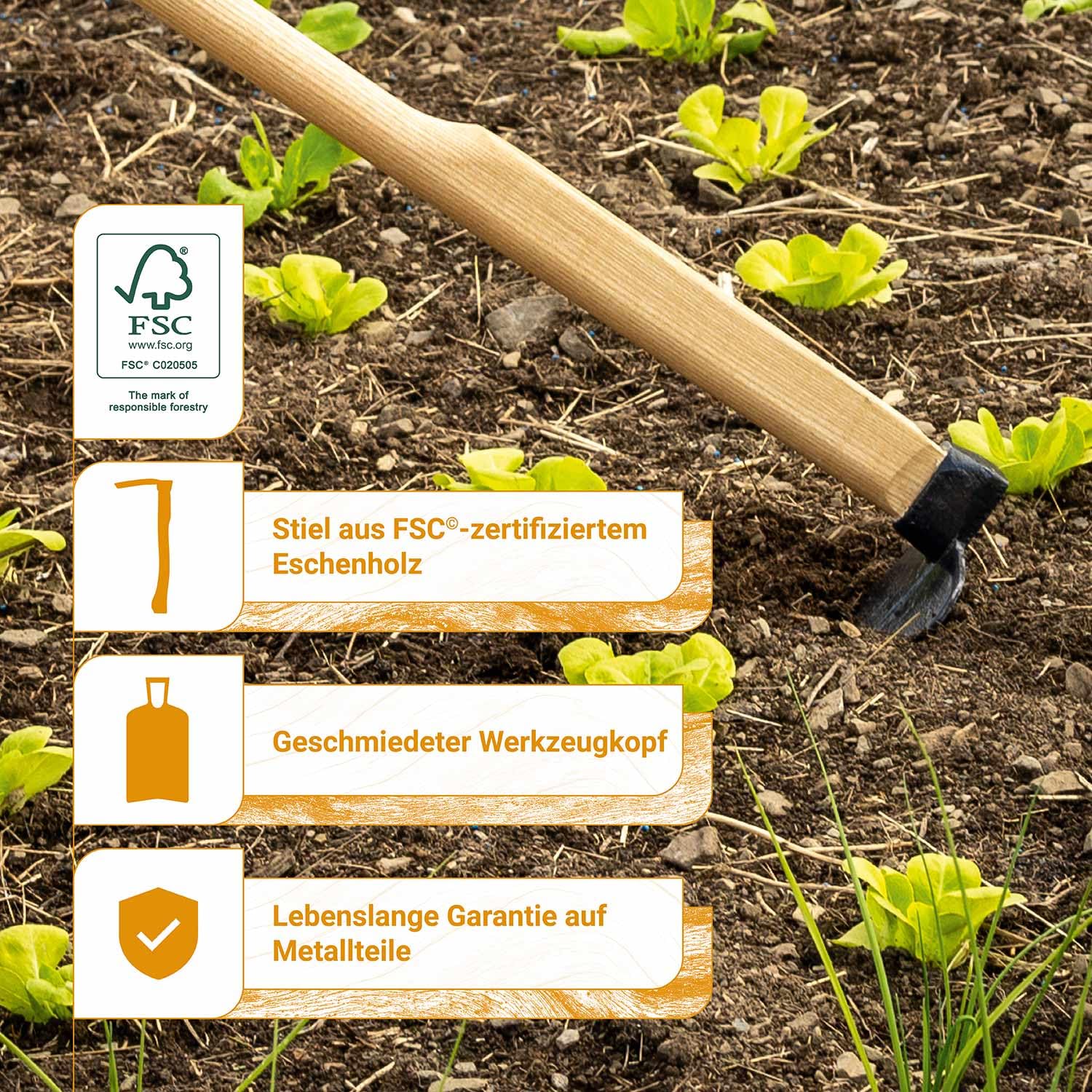 ADLER Feldhacke Gartenhacke – 105/135 cm FSC®-Eschenstiel, geschmiedeter C45-Stahl, Blatt 180x120 mm, Heilbronner Hacke, robust & langlebig, ideal zum Auflockern von Böden (Natur, L - 1350 mm)