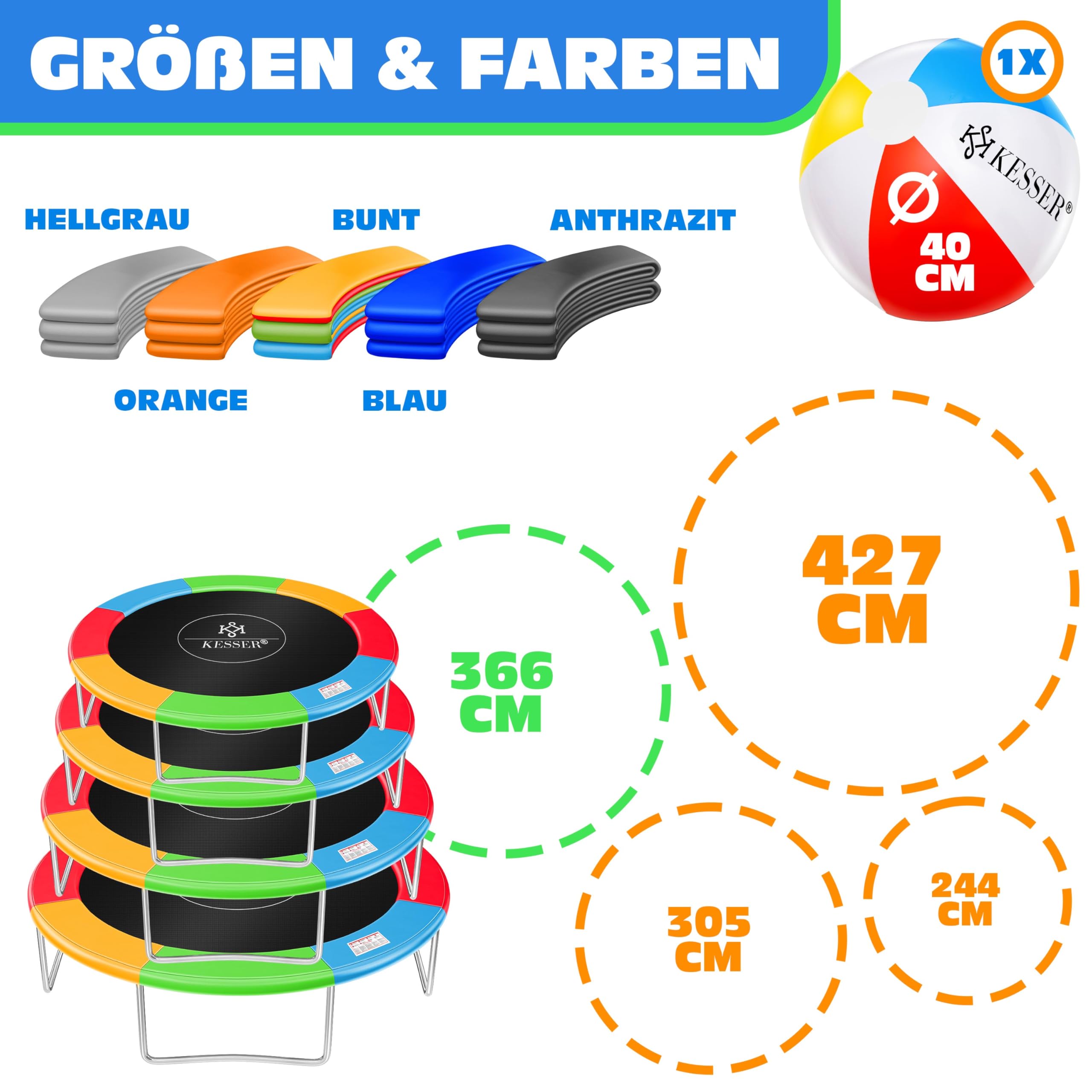 KESSER Housse de protection pour trampoline Ø 366 cm, largeur 30 cm, 100 % résistant aux UV, anti-déchirure, avec ballon de plage multicolore