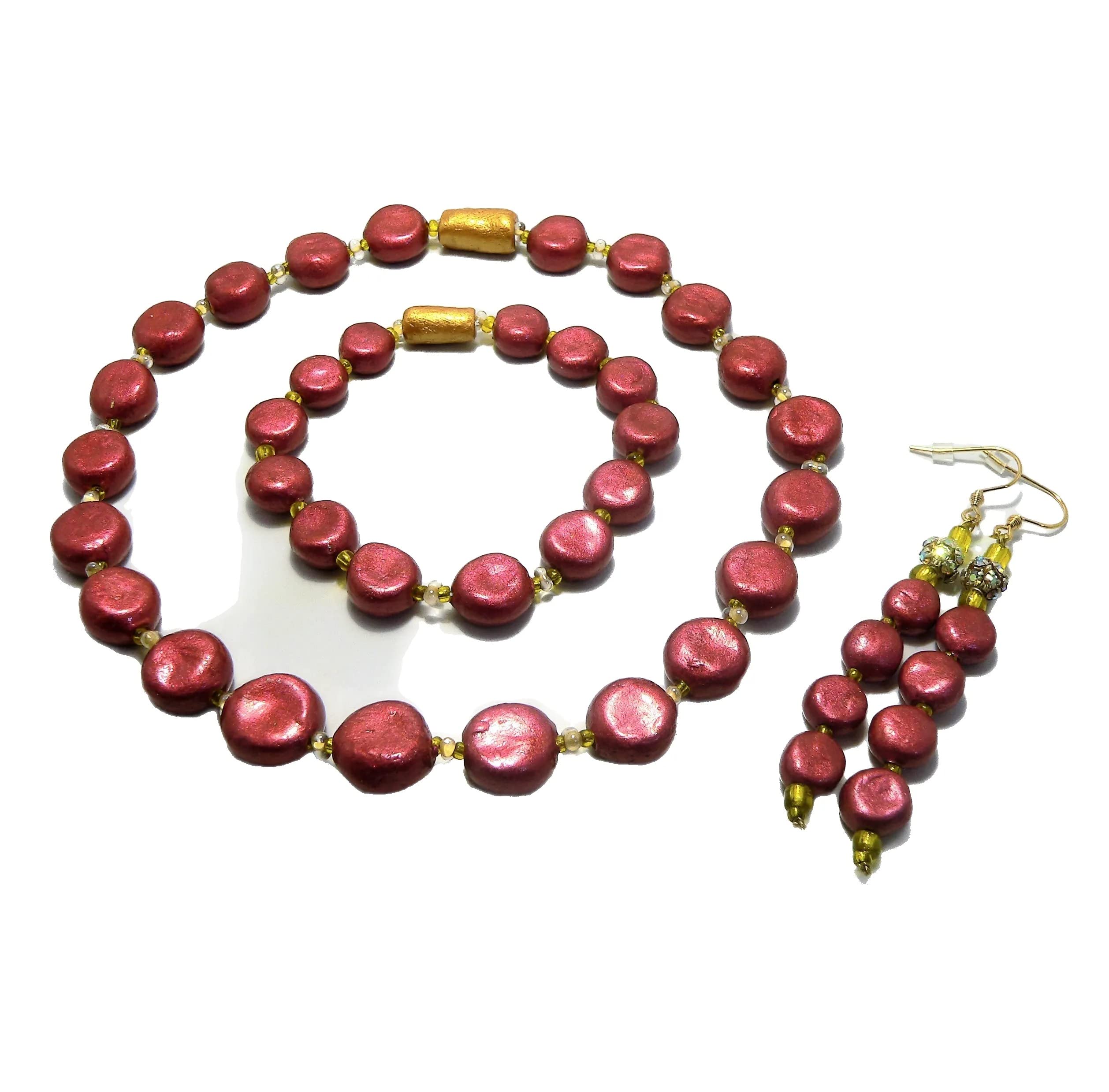 Joyas para mujer: Conjunto de perlas de cerámica, gargantilla, pendientes y pulsera, color rojo