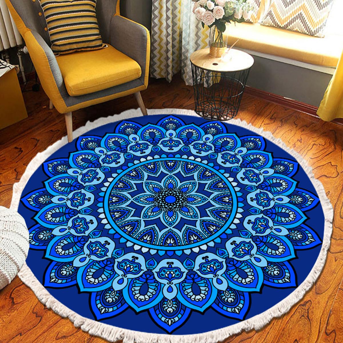 Terafeels Kitchen Rug Navy Blue Mandala Round Bohemian Round Table Cloth Home Decor Yoga Mat Meditation Picnic Rugs 2ft Circle for Bedroom Living Room Kitchen Entryway Dia 60cm - Image 2