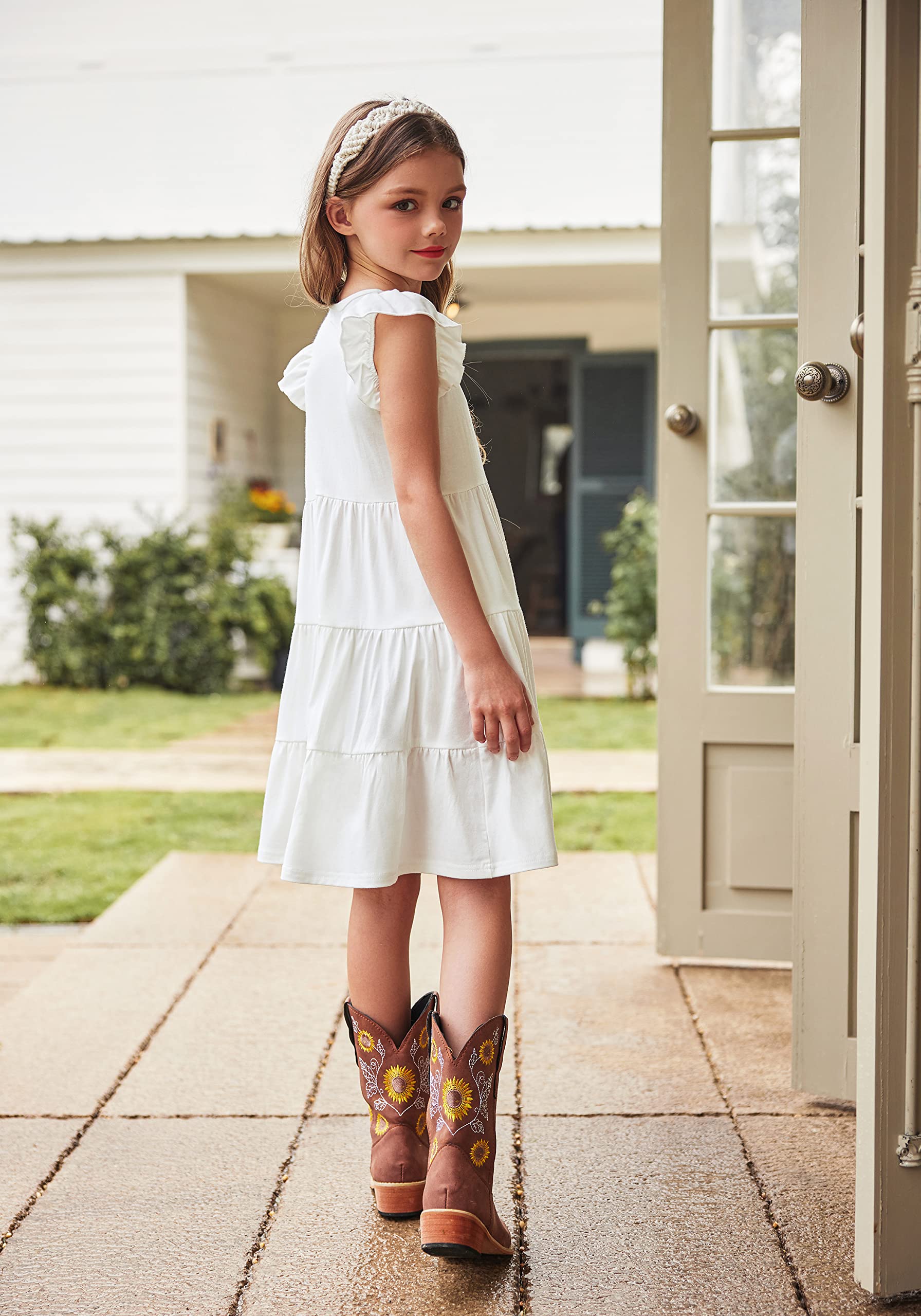 Arshiner Filles Robes d‘été Manches Volantées Enfants Coton Loisir Robe Col Rond Élégante Manches Courtes Robes de Fête pour Fille 4-14 Ans