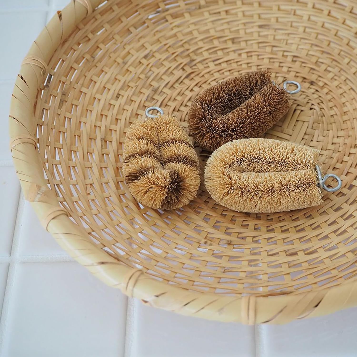 Natural Palm Mini Tawashi Brushes - Set of 2 - Stripes - Premium Coconut Fiber - Scrubber for Cleaning Small Spaces - Made in Japan