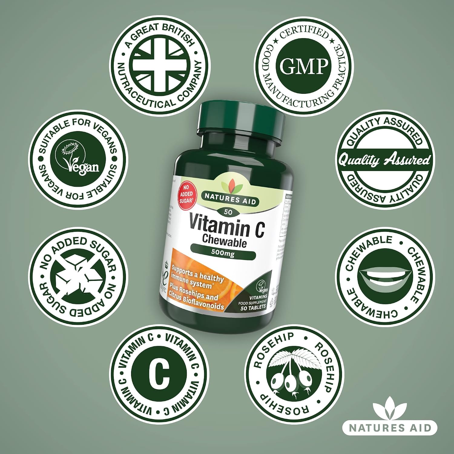 Natures Aid 500mg Vitamin C Sugar Free Chewable with Rosehips and Citrus Bioflavonoids - Tablets by Natures Aid