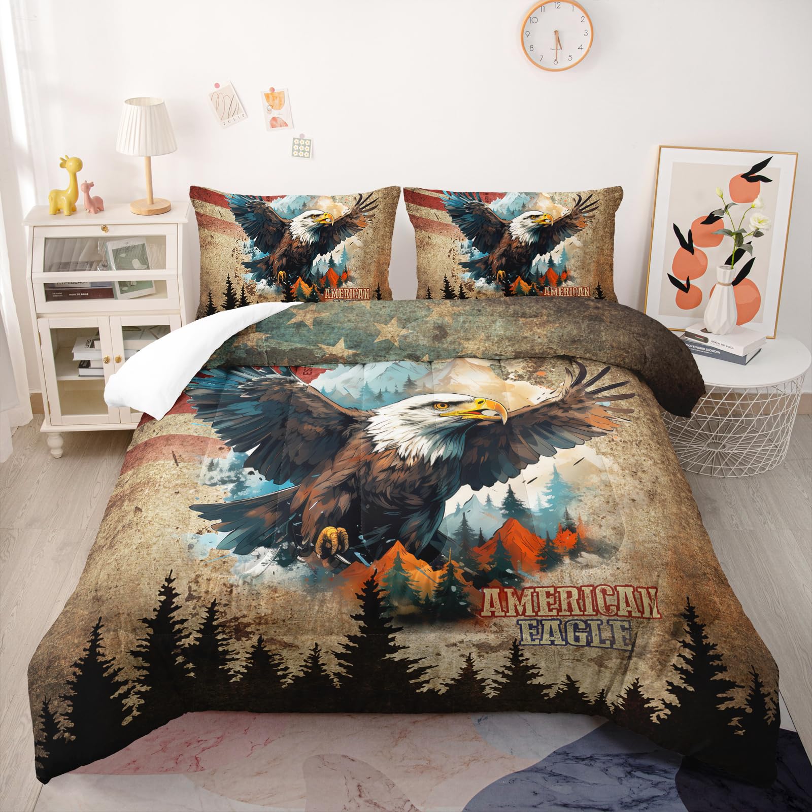Nttopship American Flag Eagle Comforter Set Queen Size for Adults 3Pcs,Eagle USA Flag Bedding Soft Warm Comforer for All Season Room Decor with 1