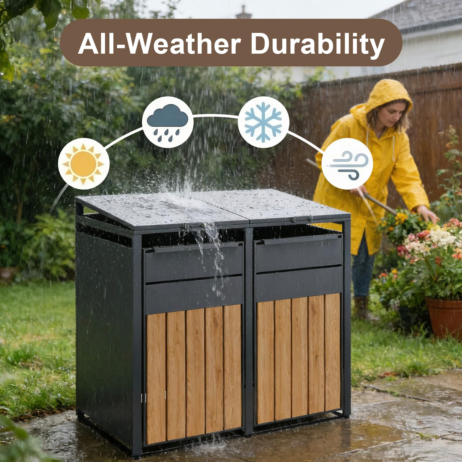OMERAI Double Wheelie Bin Storage for 60-240 L,Weather-Resistant Outdoor Garden Bin Hideaway with Assisted Lift Lid Easy Use,Powder-Coated Steel Anthracite with Walnut Brown Doors — view 4