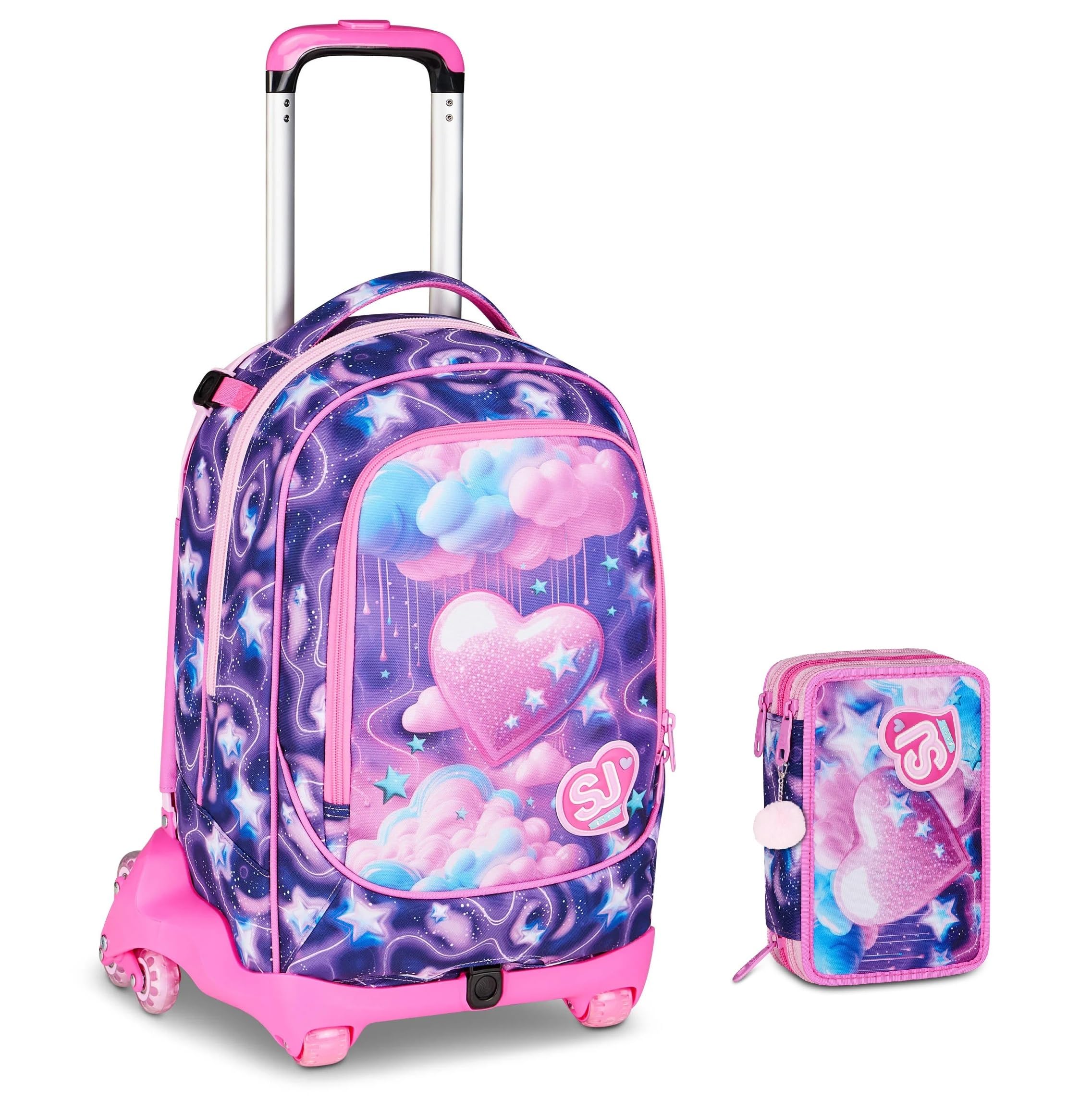 Trolley Seven Sj per Scuola primaria Bambina - Fluffy Pink Girl Grafica Cuori - 8 Ruote con zaino staccabile, 3 in 1 + Astuccio 3 zip con cancelleria
