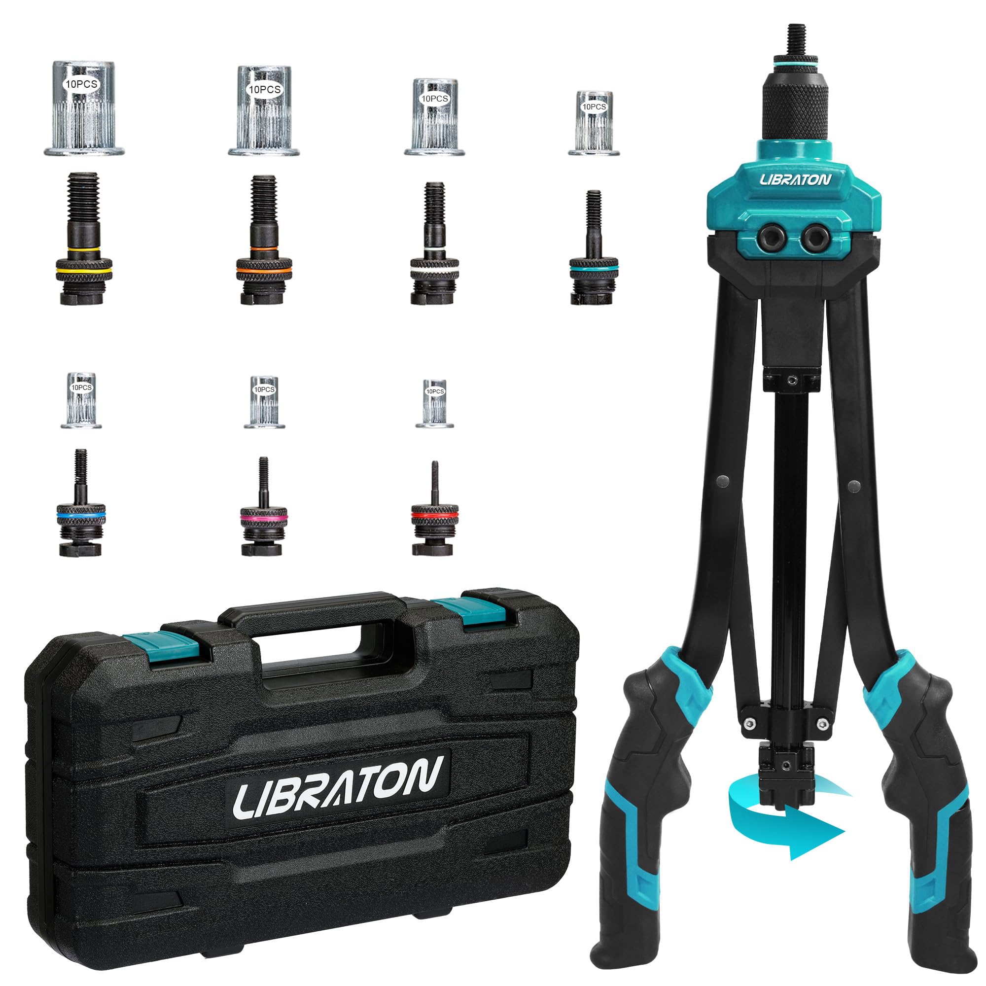 LIBRATON Remachadora de Tuercas, 16" Pistola de Tuercas con 7 Mandriles Métricos, 70 Piezas Tuercas Remachables, Remachadora de Tuercas Profesional, Diseño de Tuerca de Liberación Automática, Caja