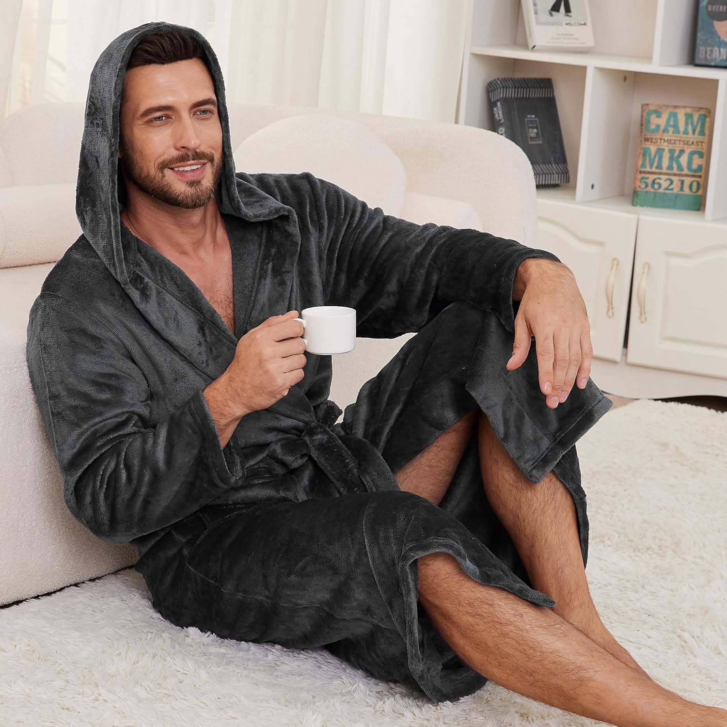 Mens Hooded Fleece Robe, Lightweight Soft Warm Fleece Bathrobe Shower Spa Long Robe With Pockets - Image 4