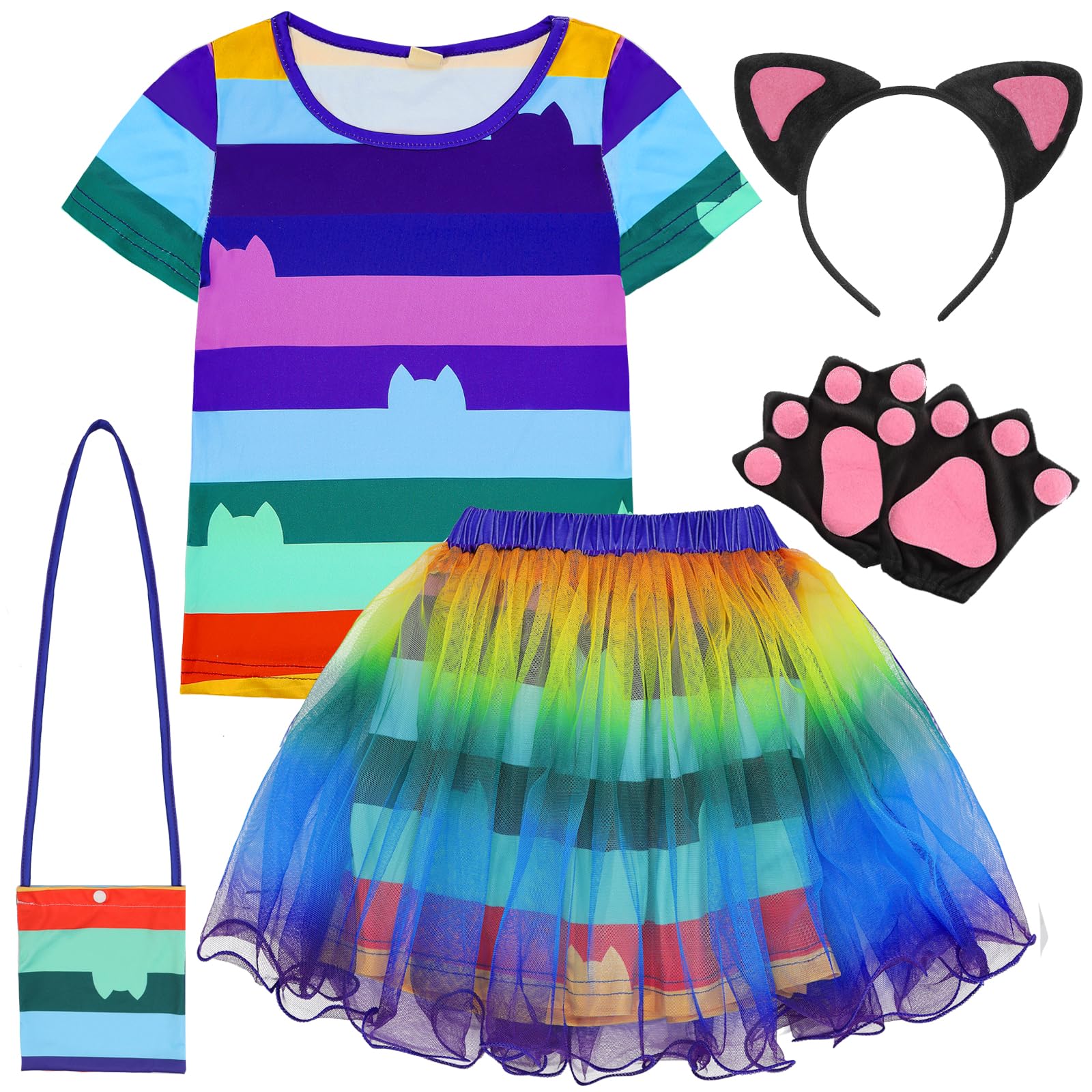 PANMAY Rainbow Tutu Dress Halloween Cat Costume with Cat Ears Paws Gloves and Crossbody Bag Cat Princess Outfit (M)