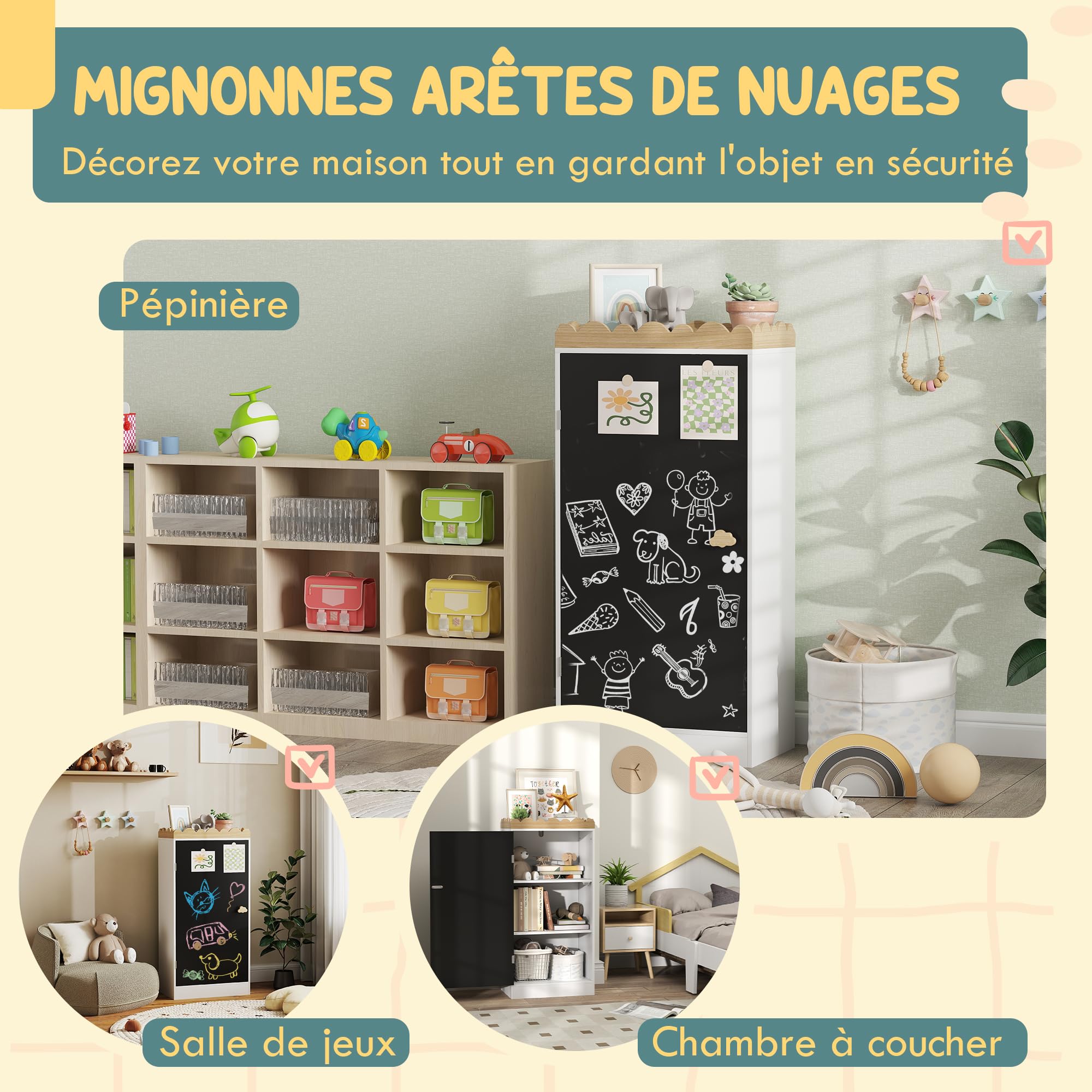 AIYAPLAY Meuble Rangement Enfant, Rangement Jouet Enfant, Armoire pour Enfant avec Porte en Tableau Noir, 3 casiers et Plateau supérieur pour Chambre à Coucher, Salle de Jeux, crèche, Blanc