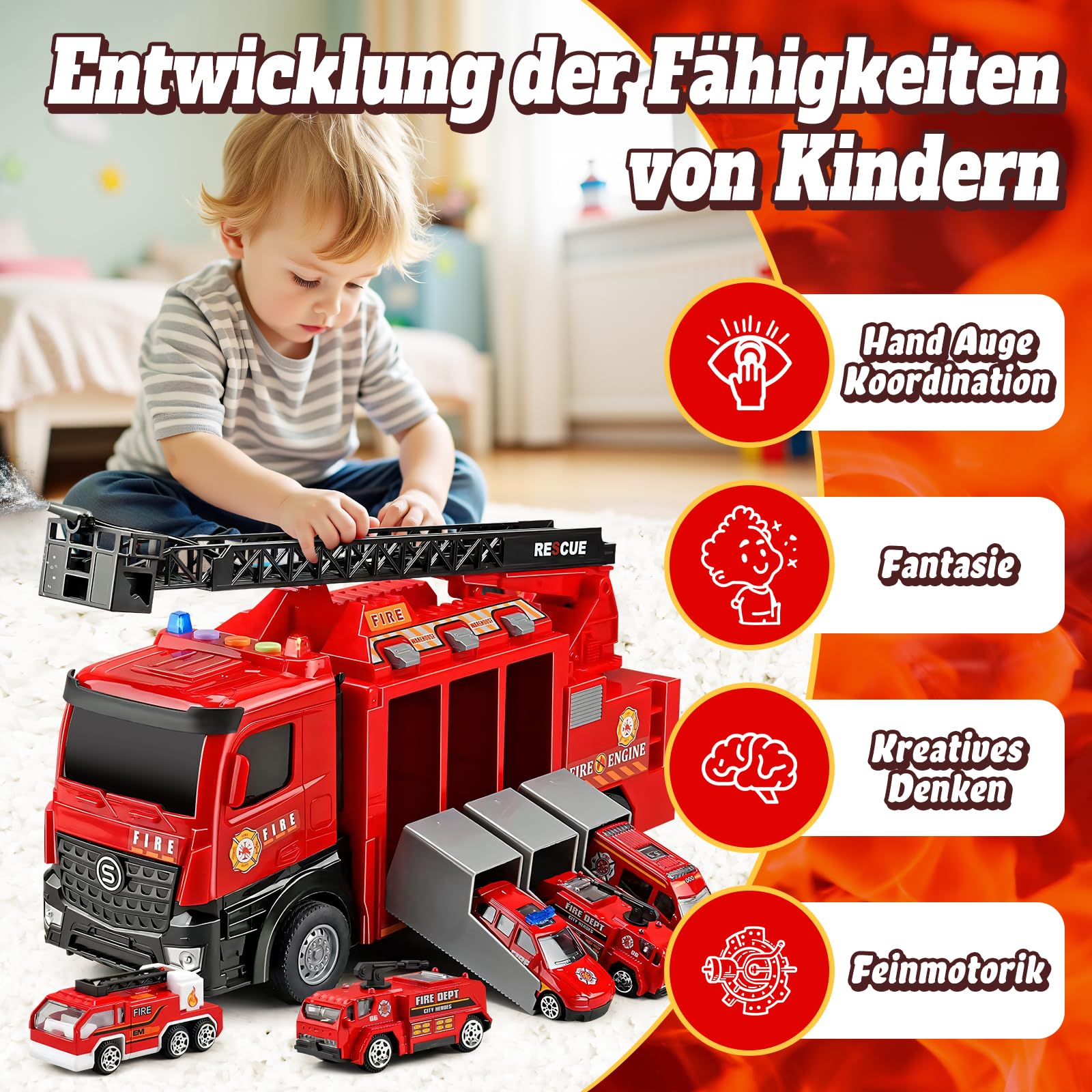 Großer Feuerwehr Truck Spielzeug, Rettungsfahrzeug Set mit 6 Mini Autos, Feuerwehrauto Autotransporter Spielzeug für Kinder ab 2 3 4 Jahren Kindergeburtstage und PD