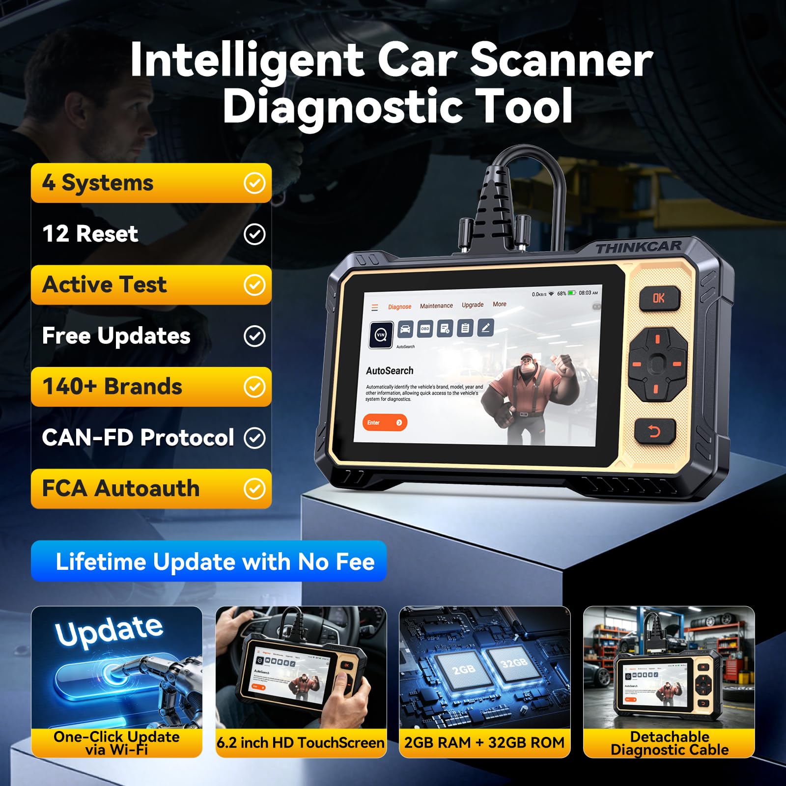 THINKCAR Scanner THINKSCAN 662 OBD2 - Herramienta de diagnóstico de escáner, Motor/ABS/SRS/transmisión, Herramienta de escaneo bidireccional, escáner para Coche con Prueba Activa, más de 12 reinicios
