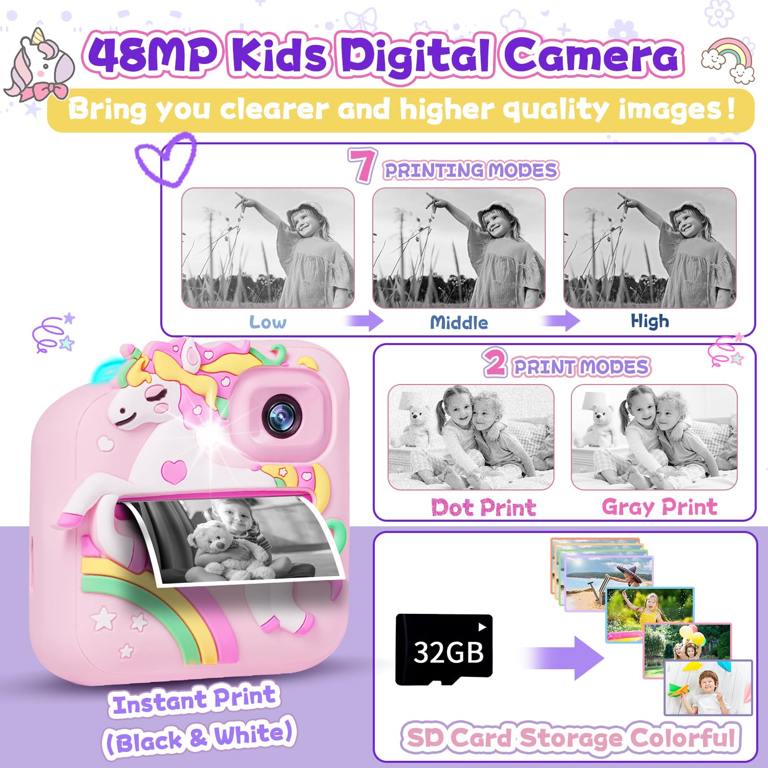 E-WOR Kinderkamera Sofortbildkamera 1080P Digitalkamera mit 32GB Karte & Druckpapier Rosa