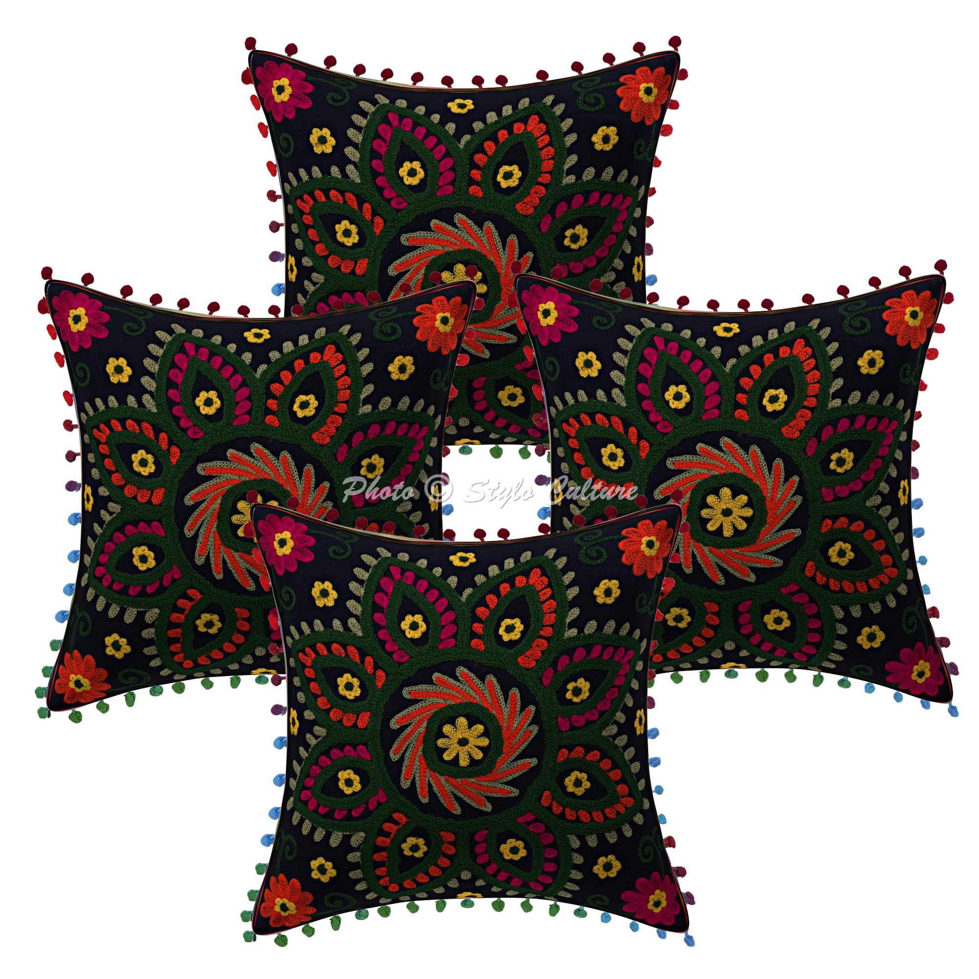 Ethnisch Dekorativ Baumwolle Couch Kissenbezüge 40x40 cm Schwarz Dekokissen Suzani Bestickte Pom Pom Spitze Schlafzimmer Sofa Kissen Bezüge Quadrat Blumen Kissenhullen - 4 STK.